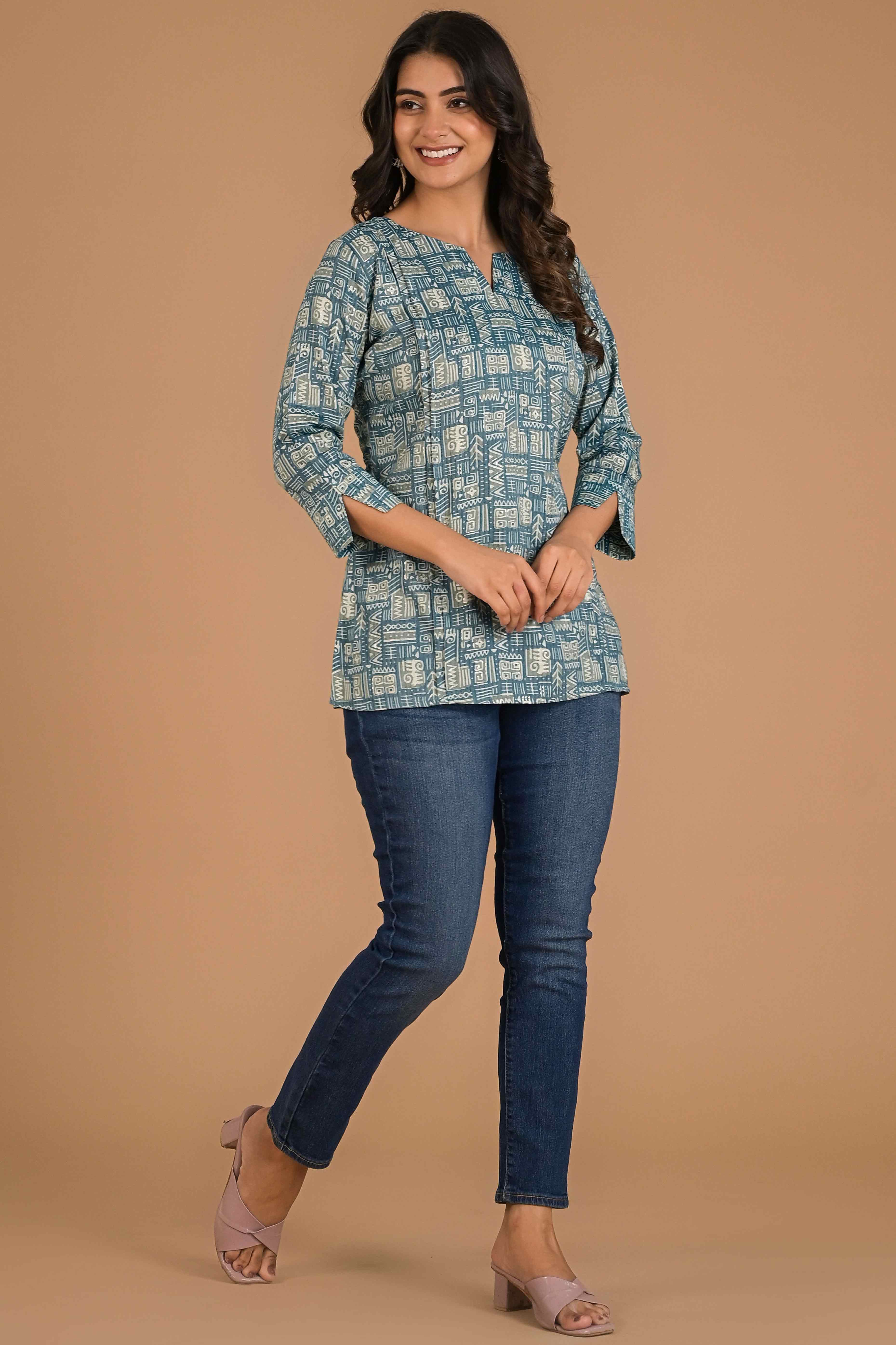 Blue Printed Pure Cotton Straight Top