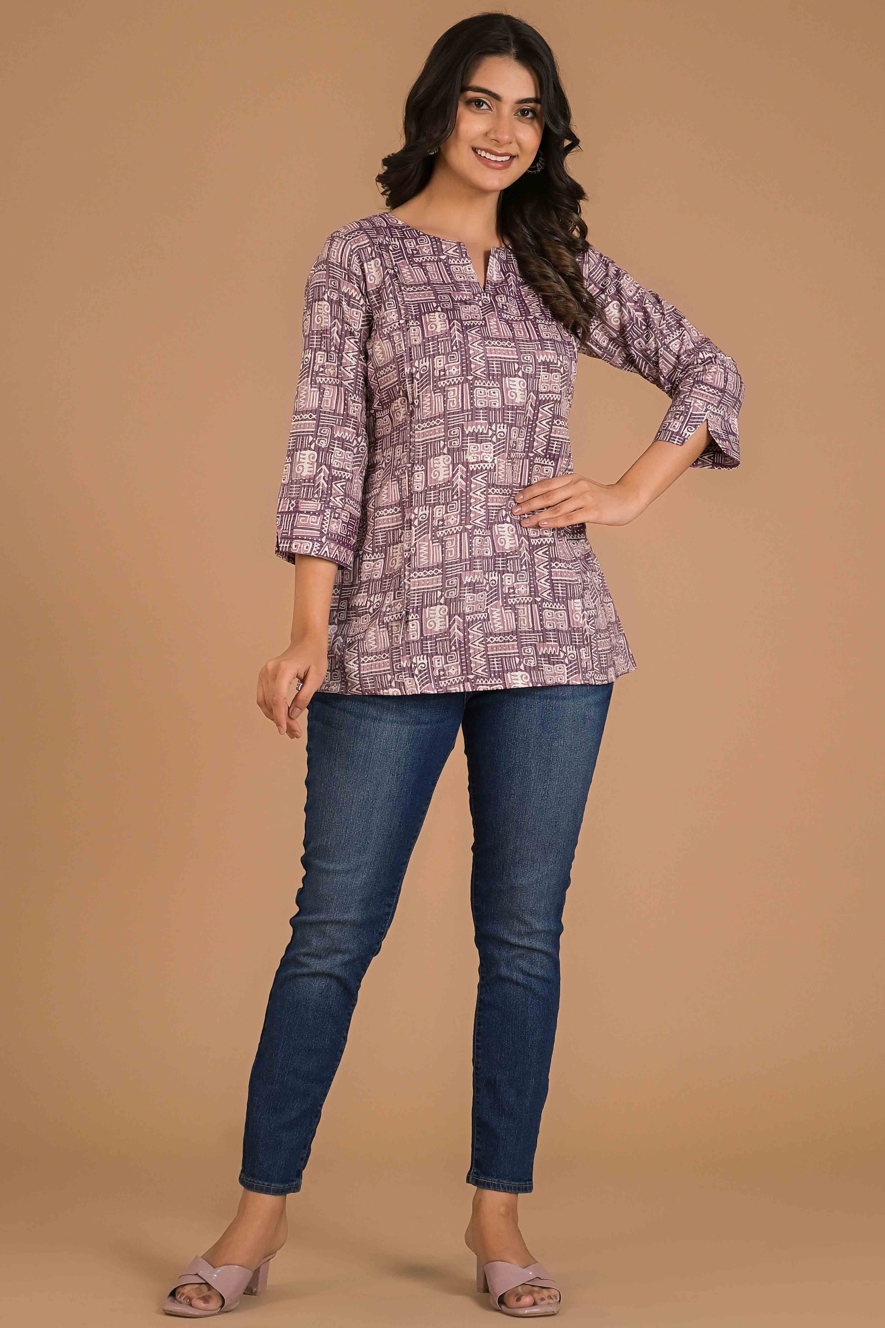 Pine Purple Printed Pure Cotton Straight Top