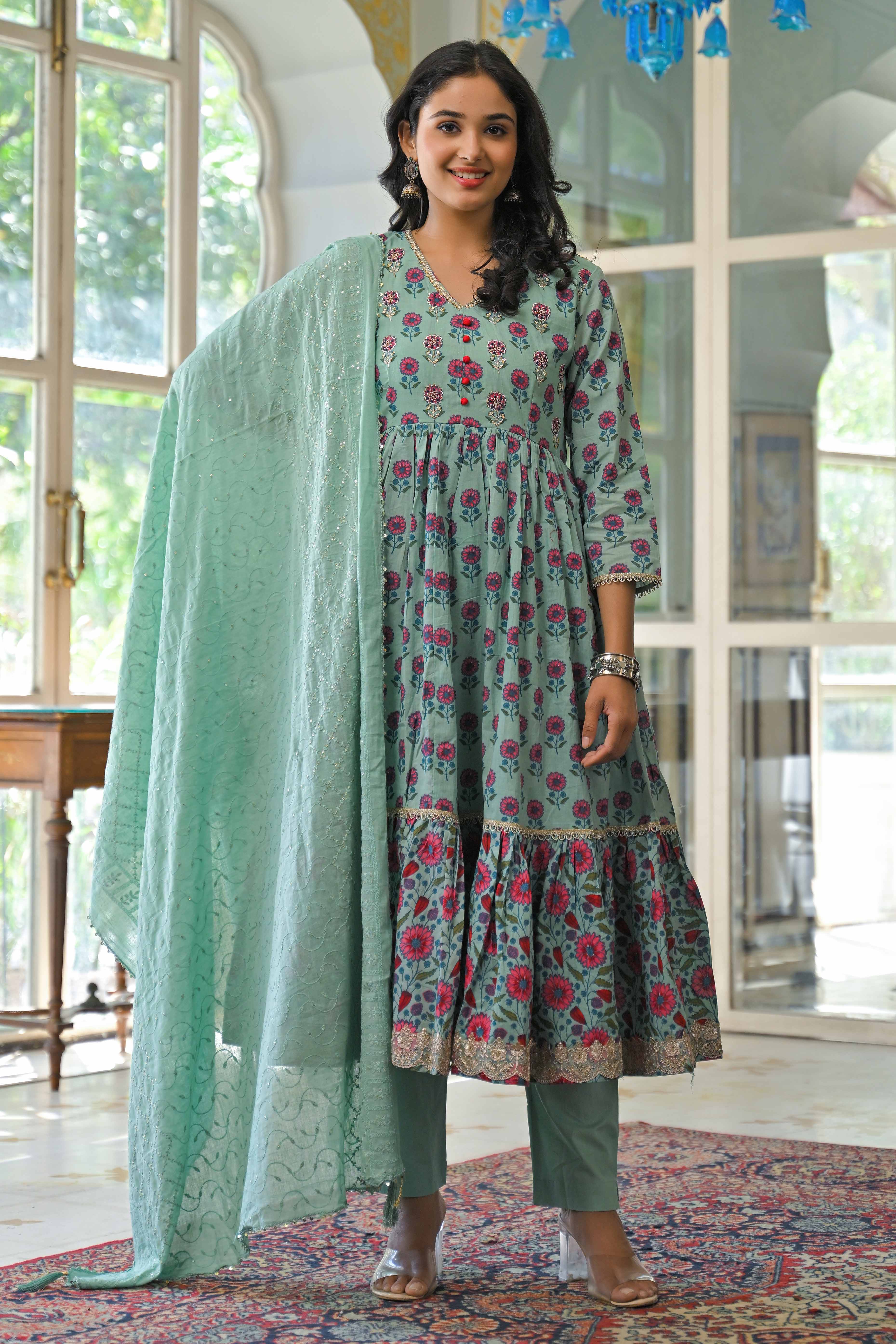 Mint Green Zardosi Work Floral Printed Pure Cotton Anarkali Salwar Suit