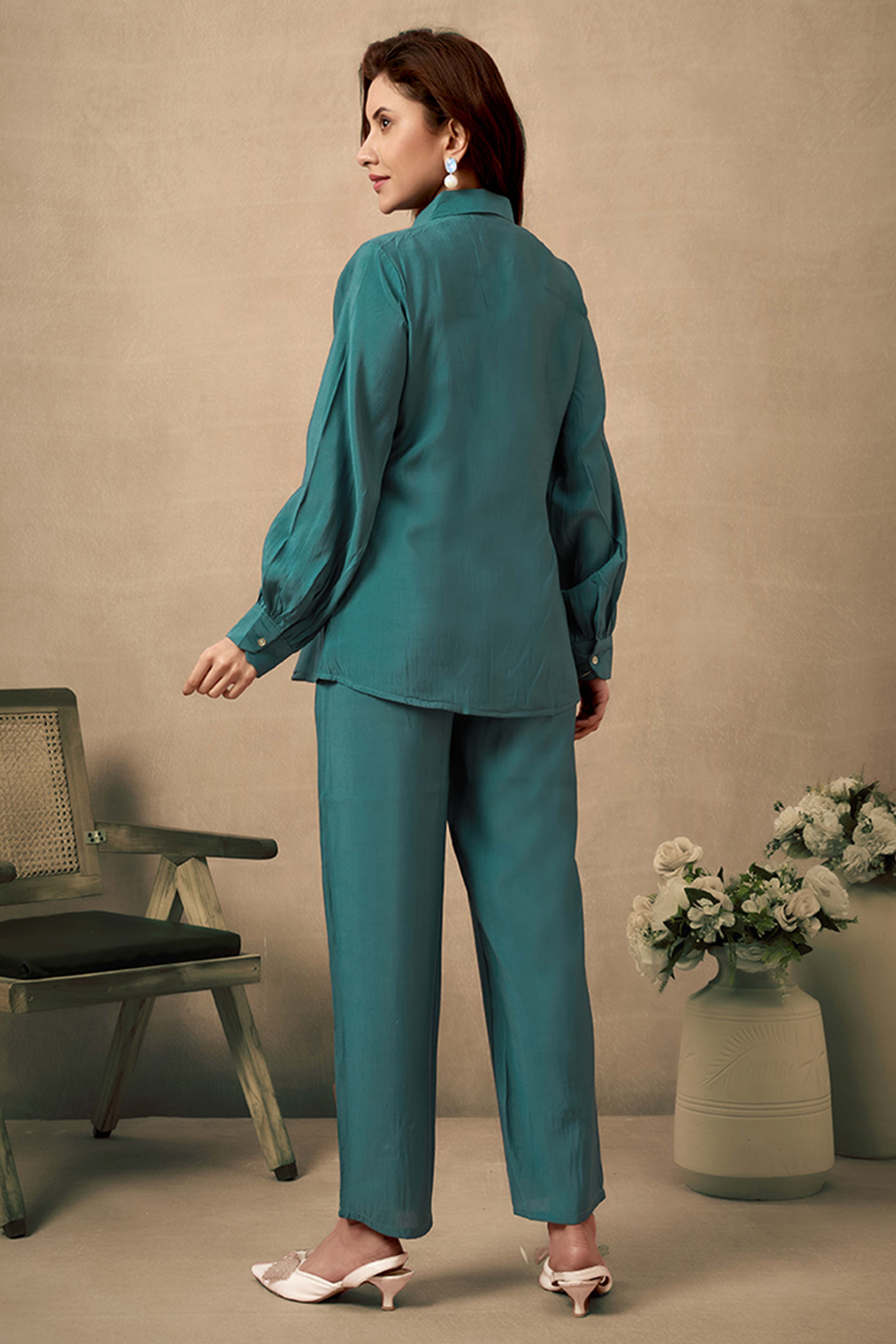 Dark Teal Elegance Chanderi Silk Floral Patchwork Co-Ord Set