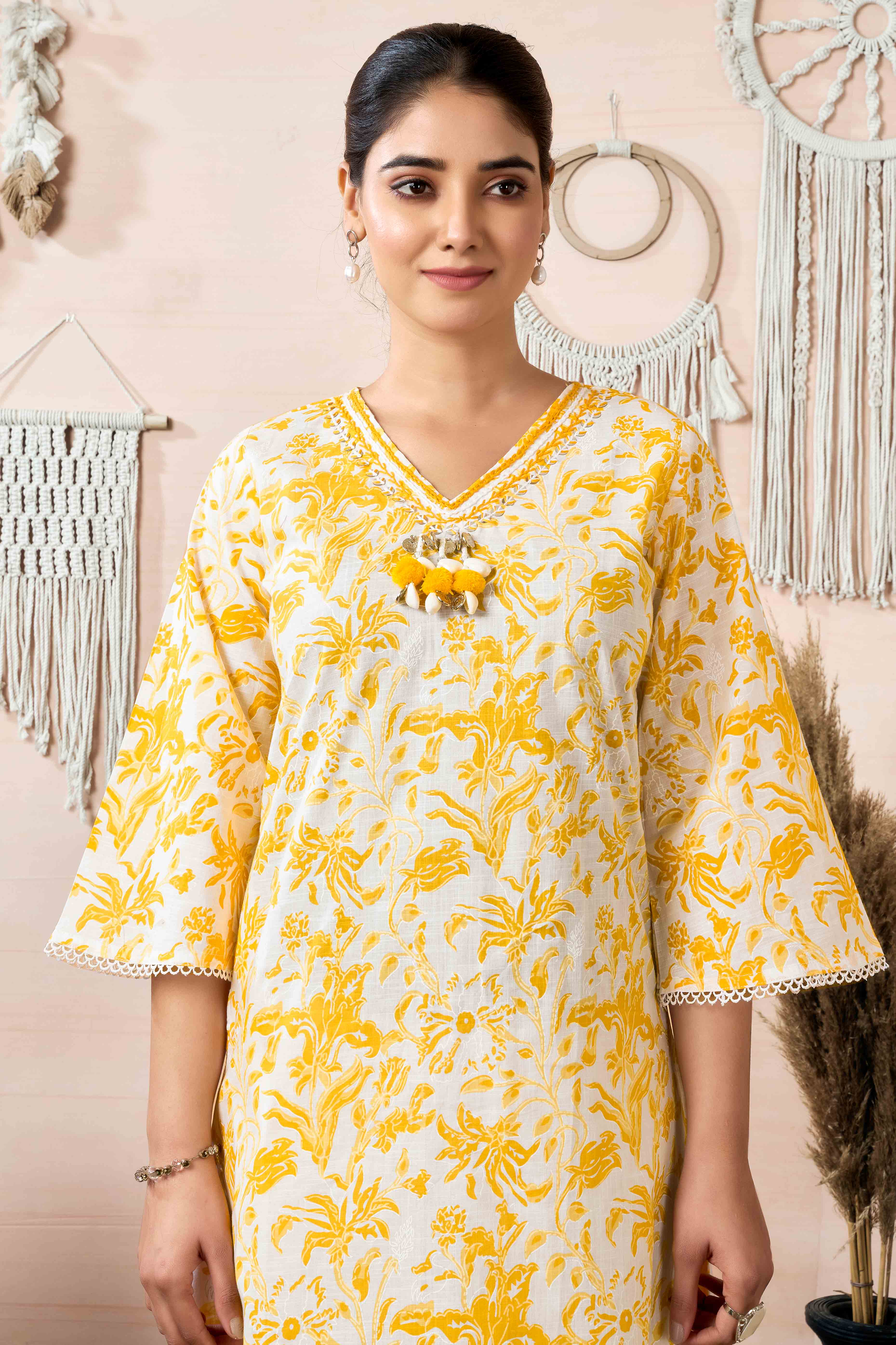 White & Mustard Floral Printed Pure Cotton A-Line Top Bottom Set