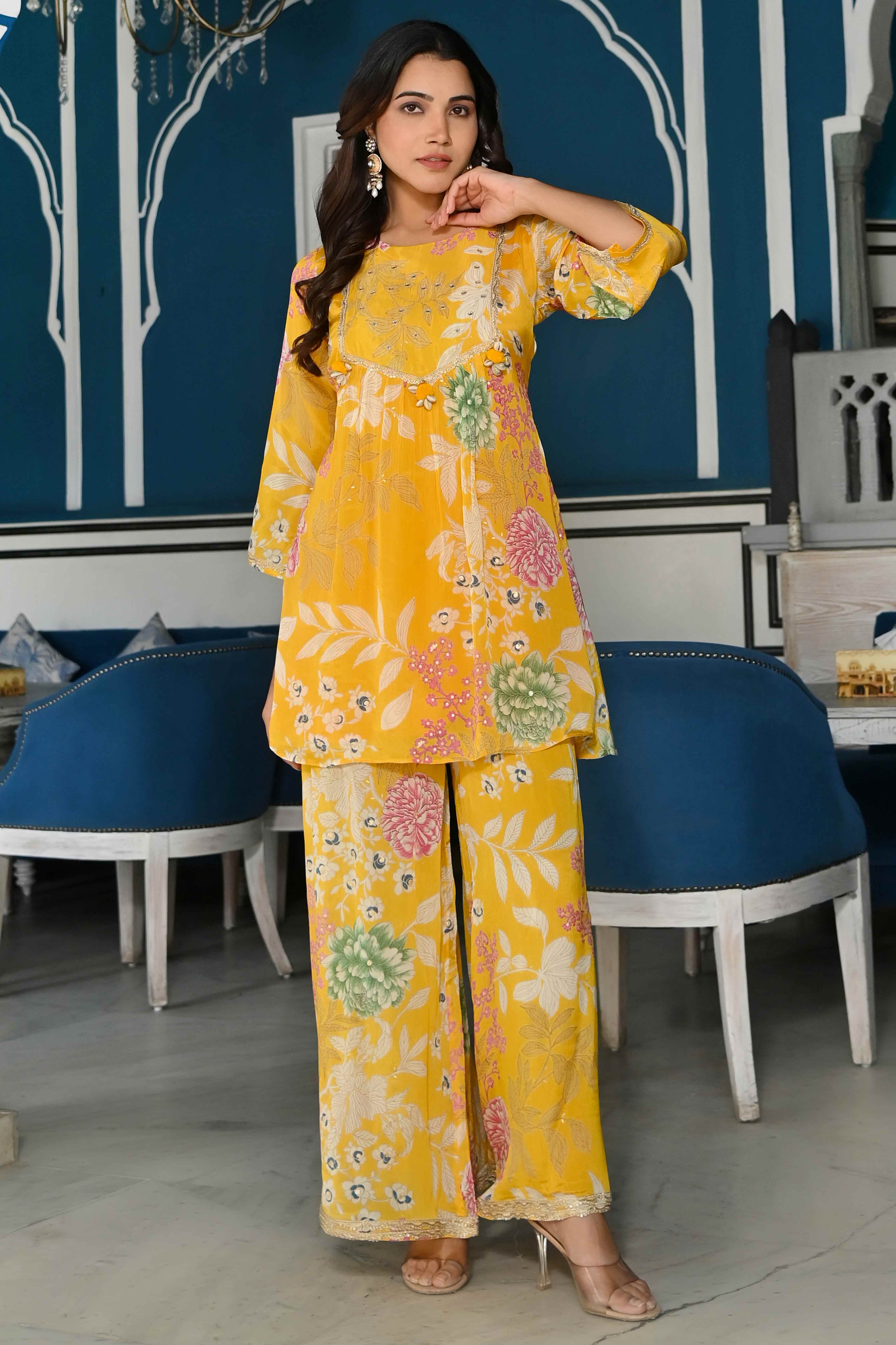 Yellow Floral Printed Chinon Co-Ord Set With Shell Beads Work