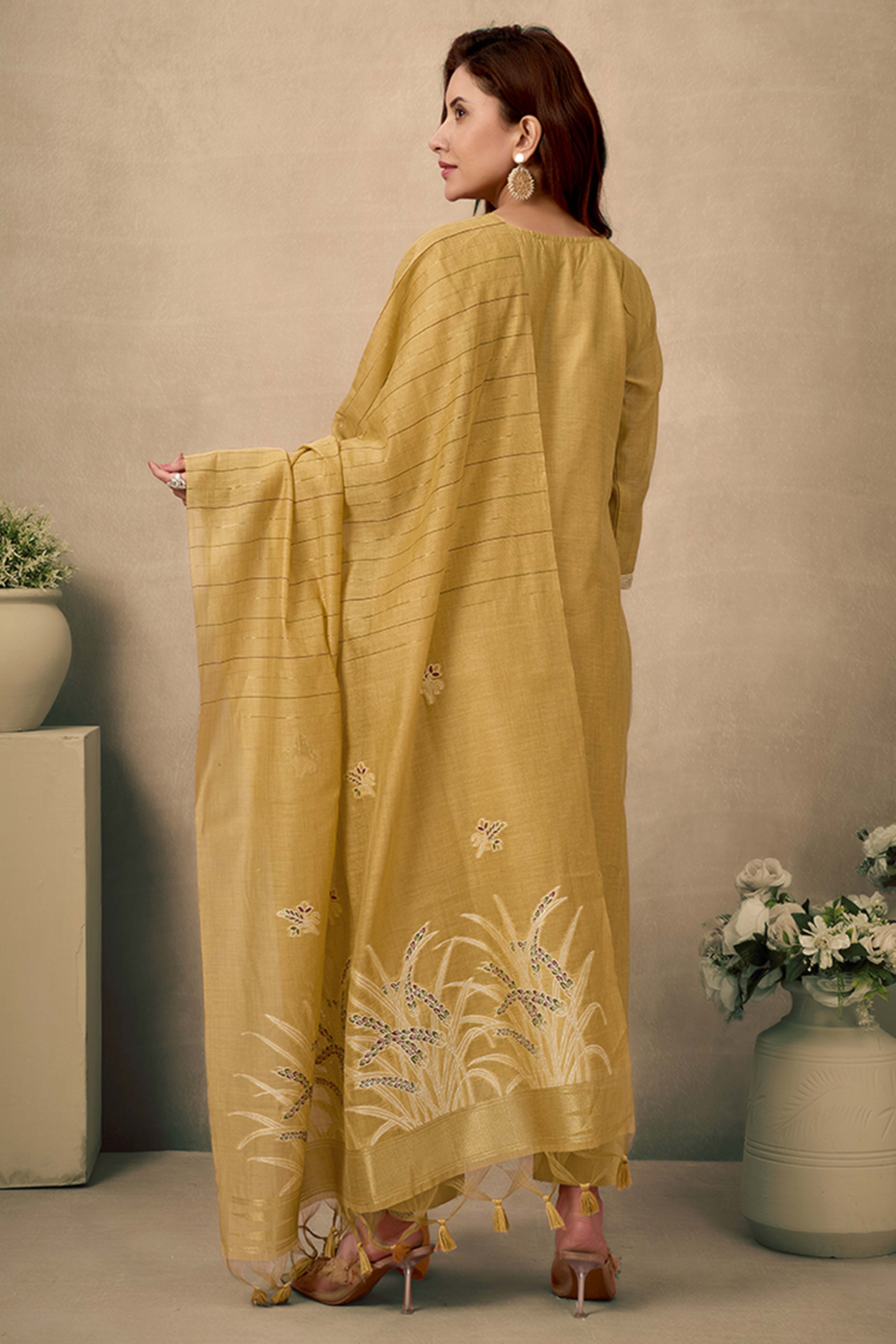 Mustard Chanderi Cotton Jamdani Salwar Suit with Floral Embroidery