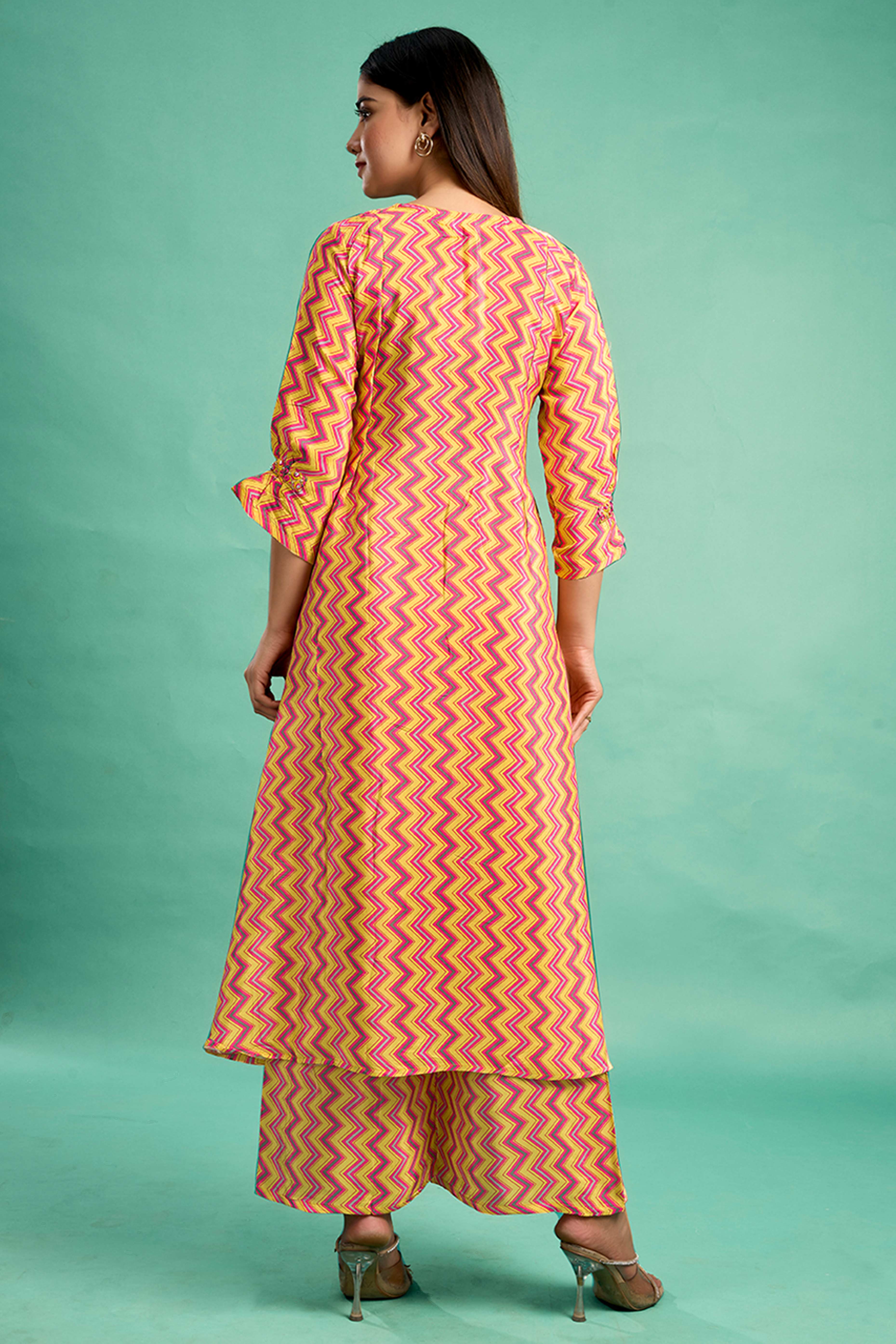 Yellow Zig Zag Printed Muslin Front Slit Co-Ord Set