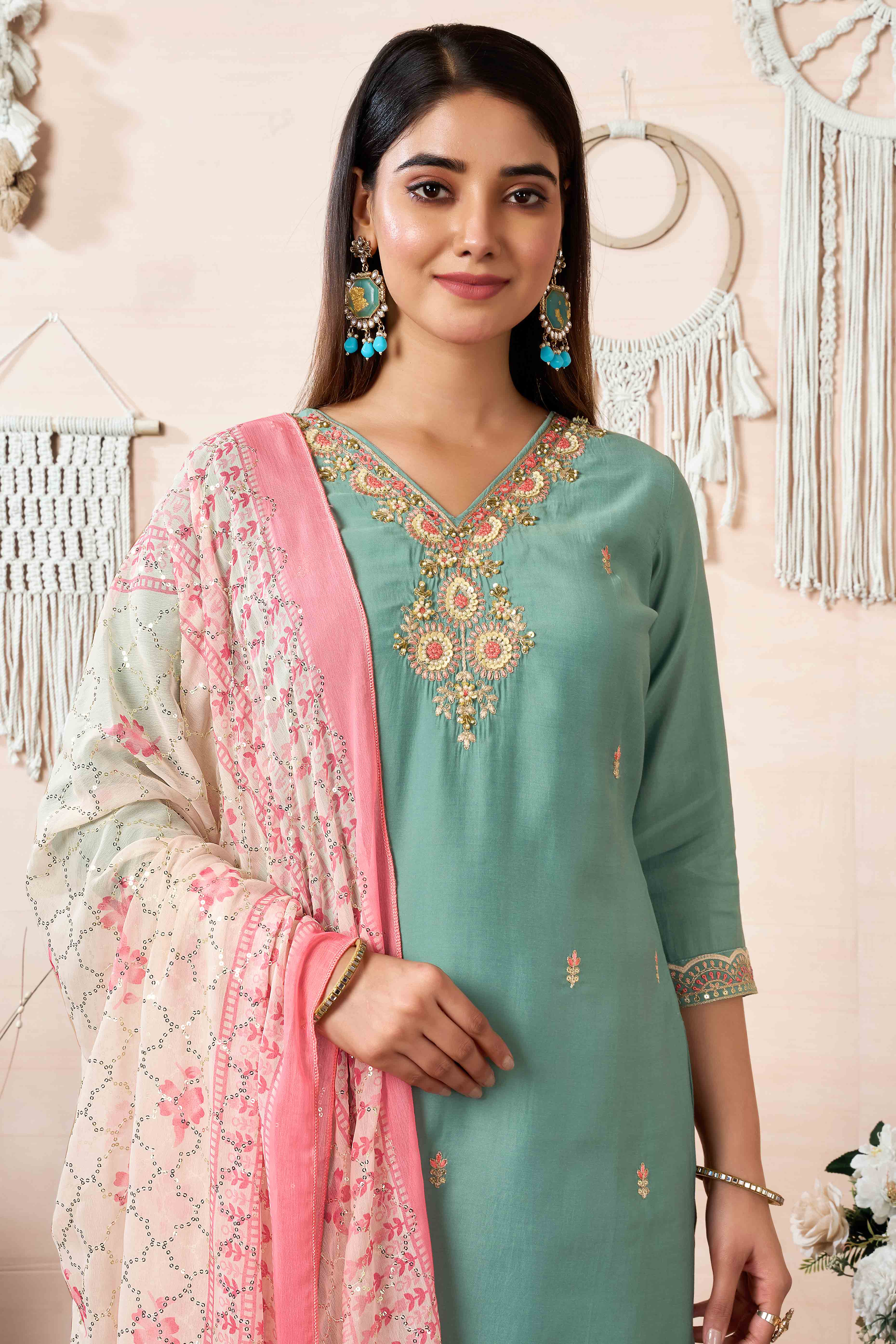 Sea Green Beads Embroidered Chanderi Silk Straight Salwar Suit