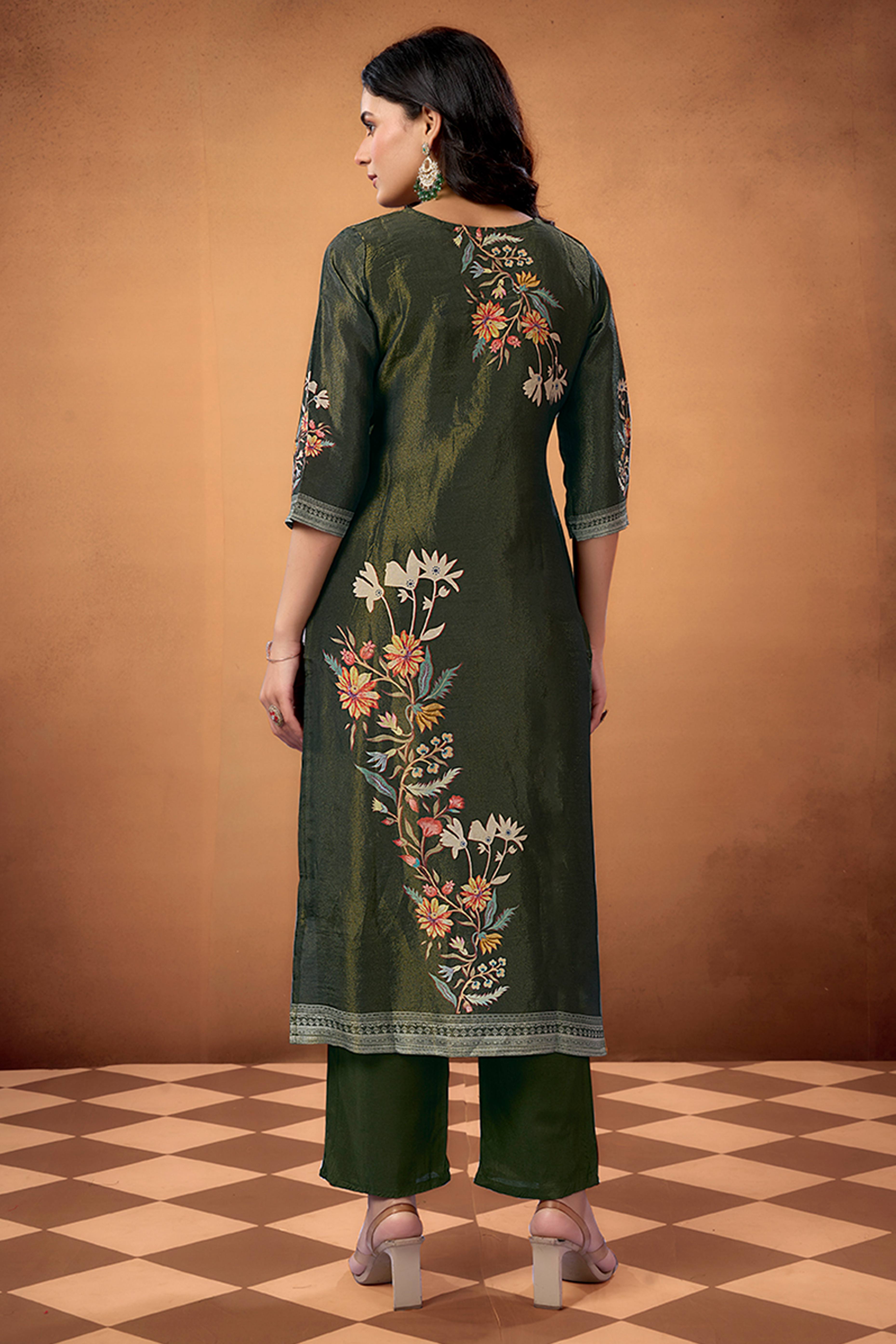 Dark Olive Floral Weaving Shimmer Straight Salwar Suit