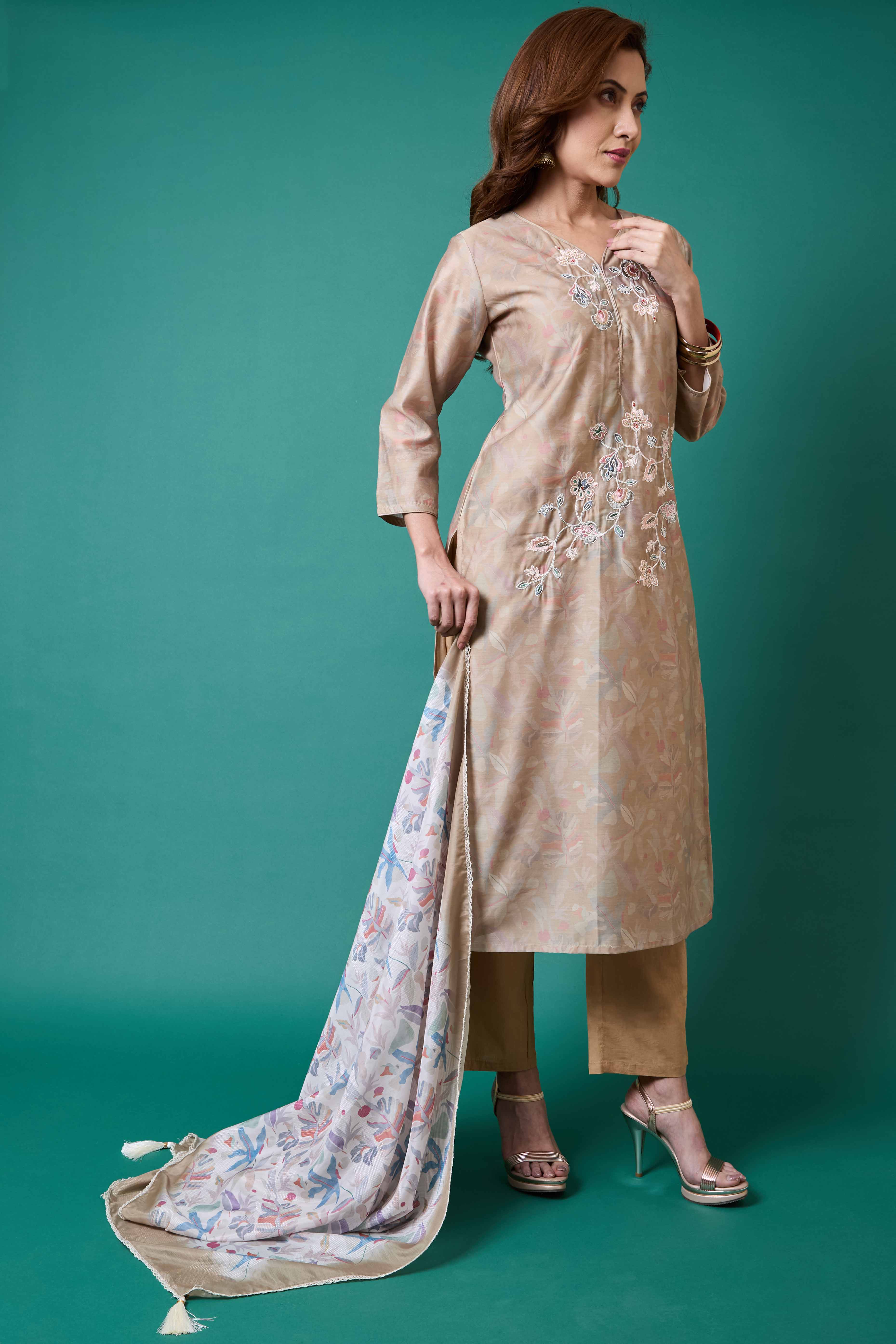 Light Olive Floral Embroidered Chanderi Silk Straight Salwar Suit