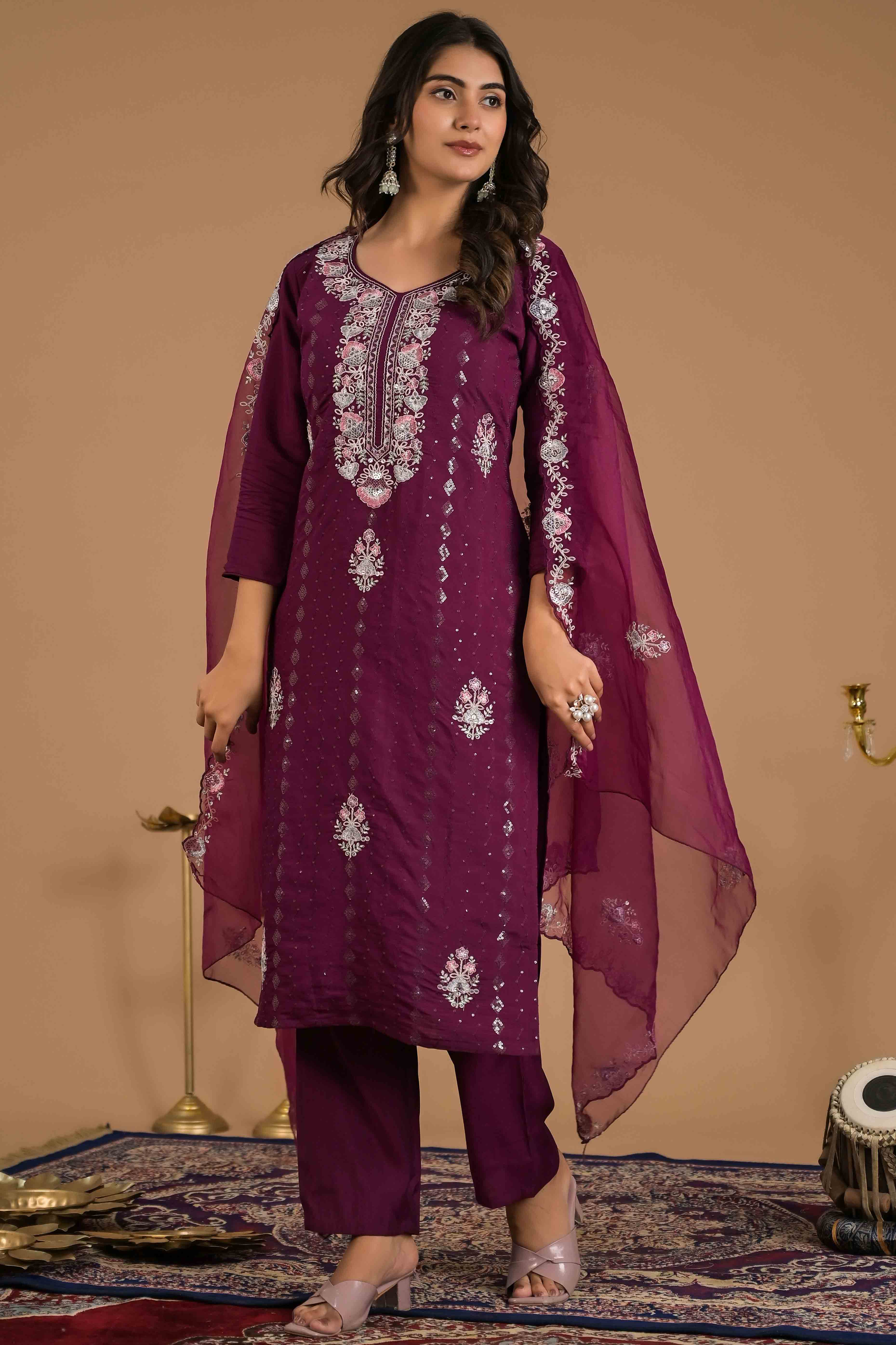 Imperial Purple Floral Embroidered Sequins Work Cotton Silk Straight Salwar Suit