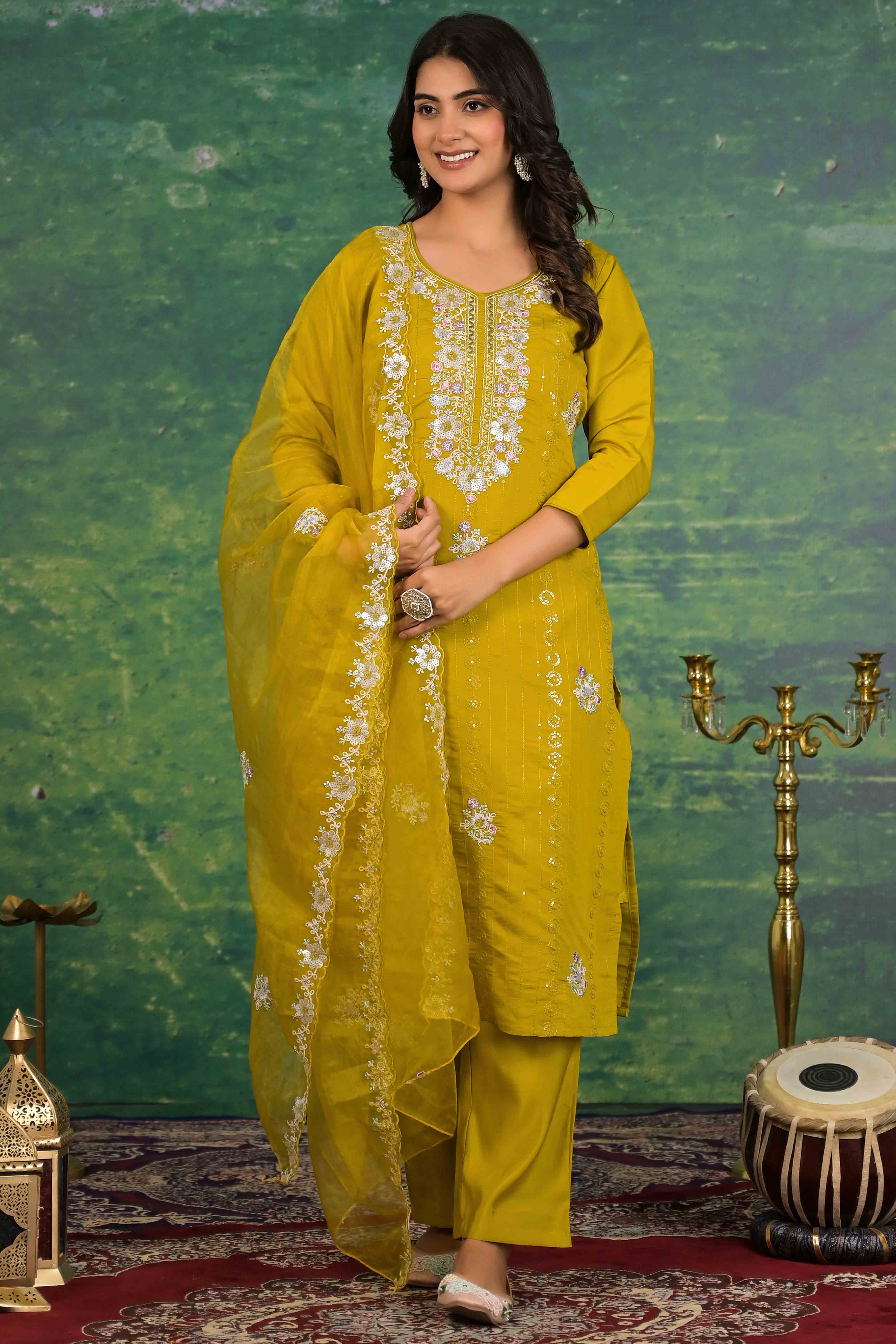 Mustard Floral Embroidered Sequins Work Cotton Silk Straight Salwar Suit