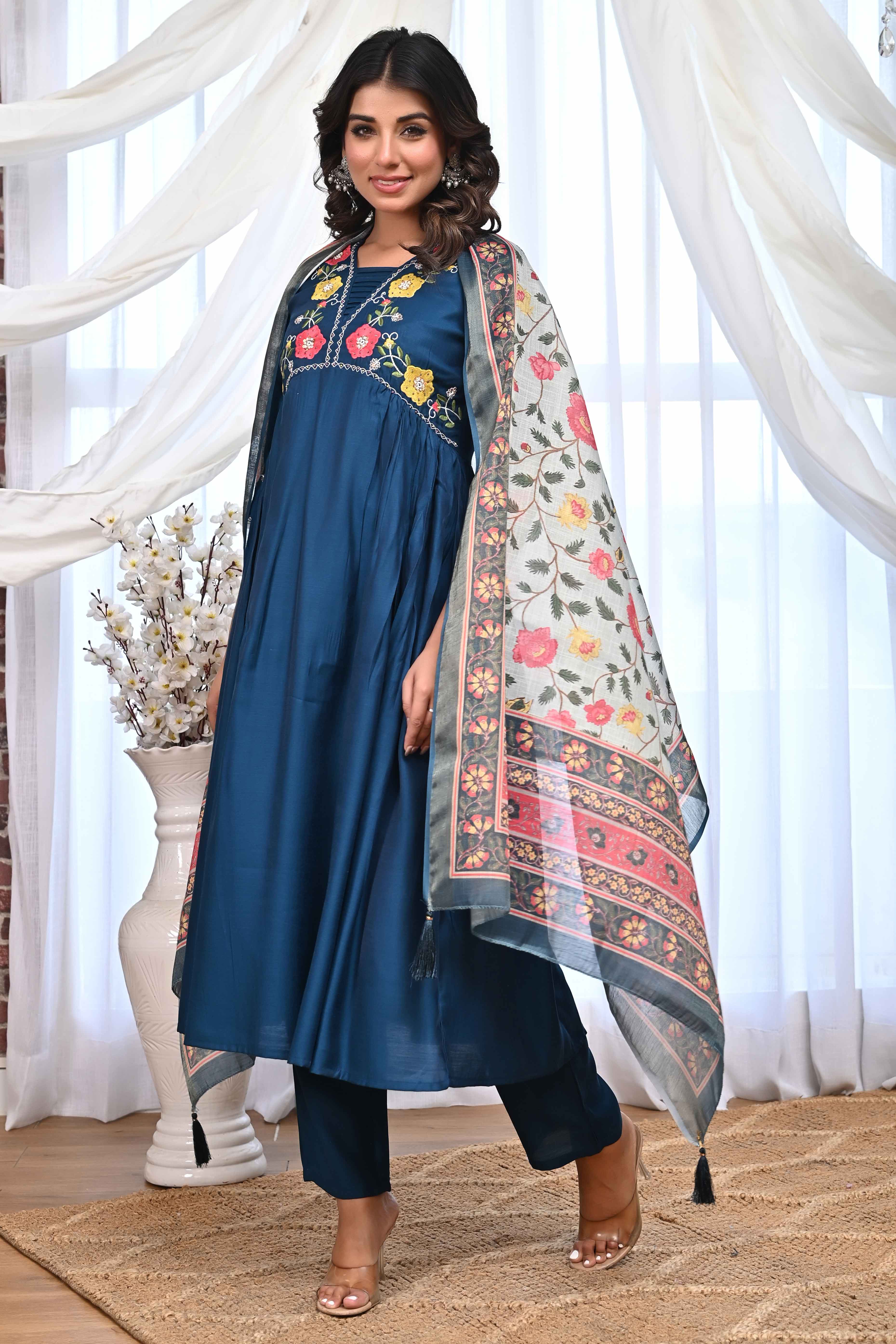 Blue Floral Embroidered A-Line Alia Cut Suit With Elegant Moti Handwork On Cotton Blend