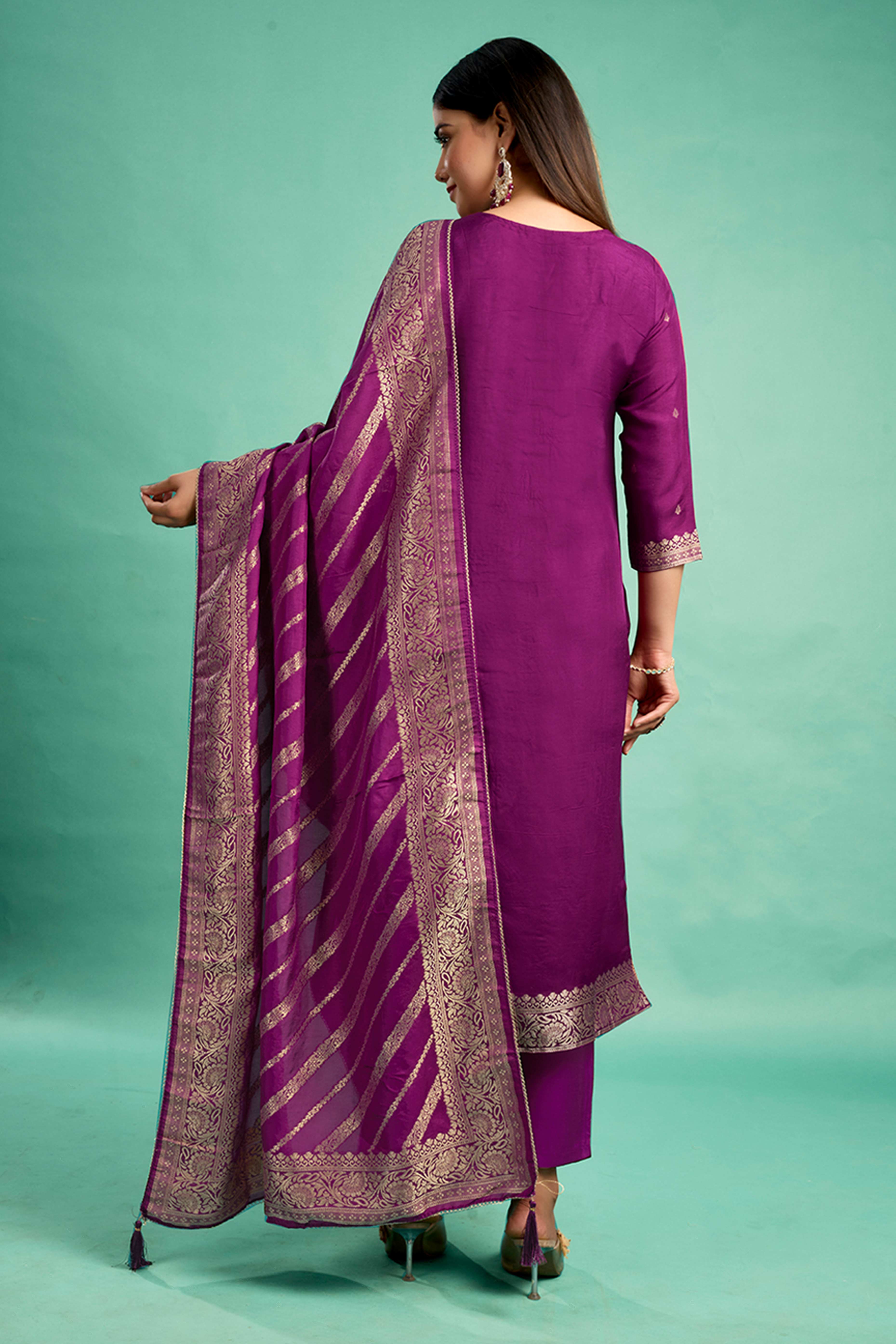 Purple Handwork Embroidered Pure Dola Silk Straight Salwar Suit