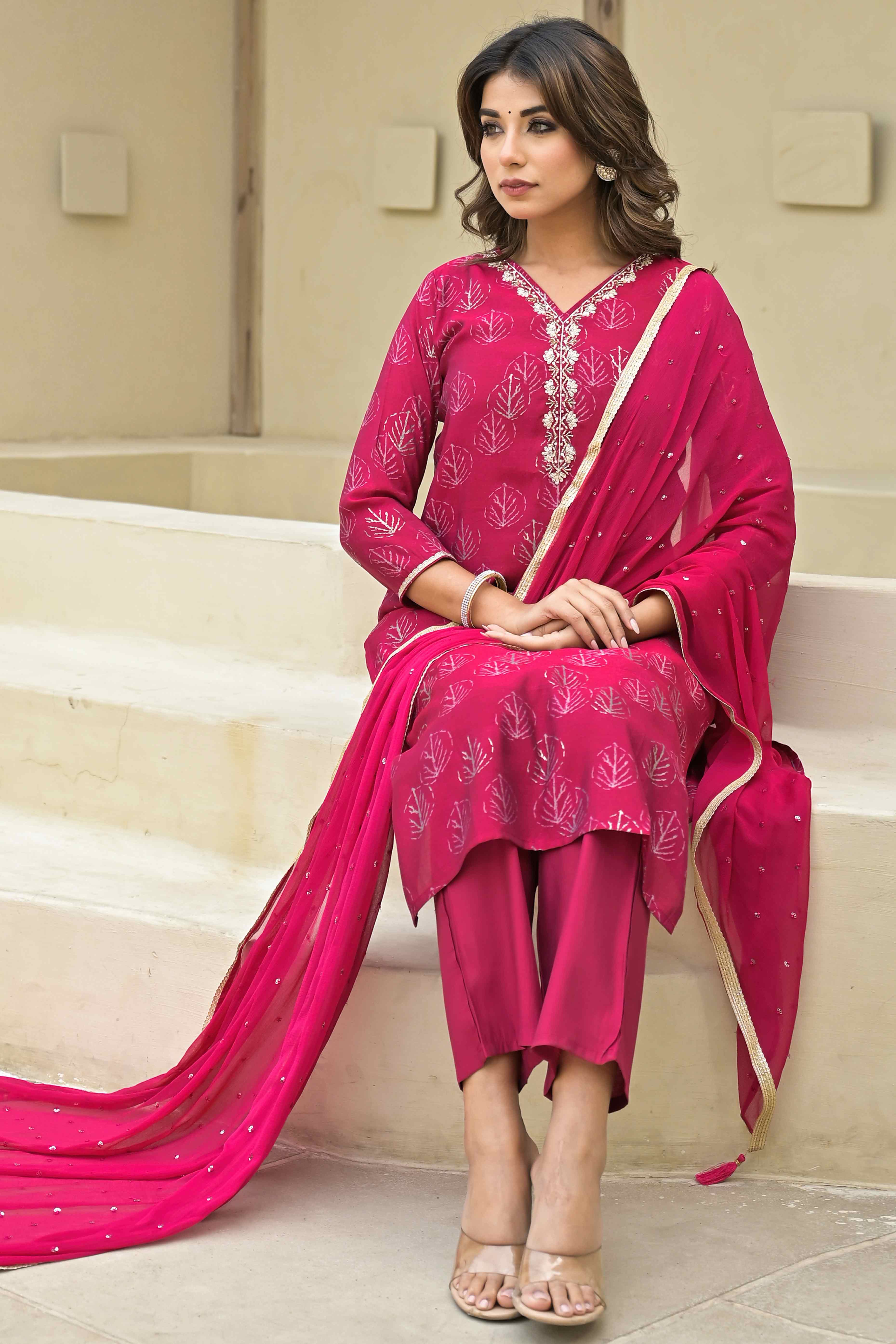 Pink Foil Printed Chanderi Straight Salwar Suit