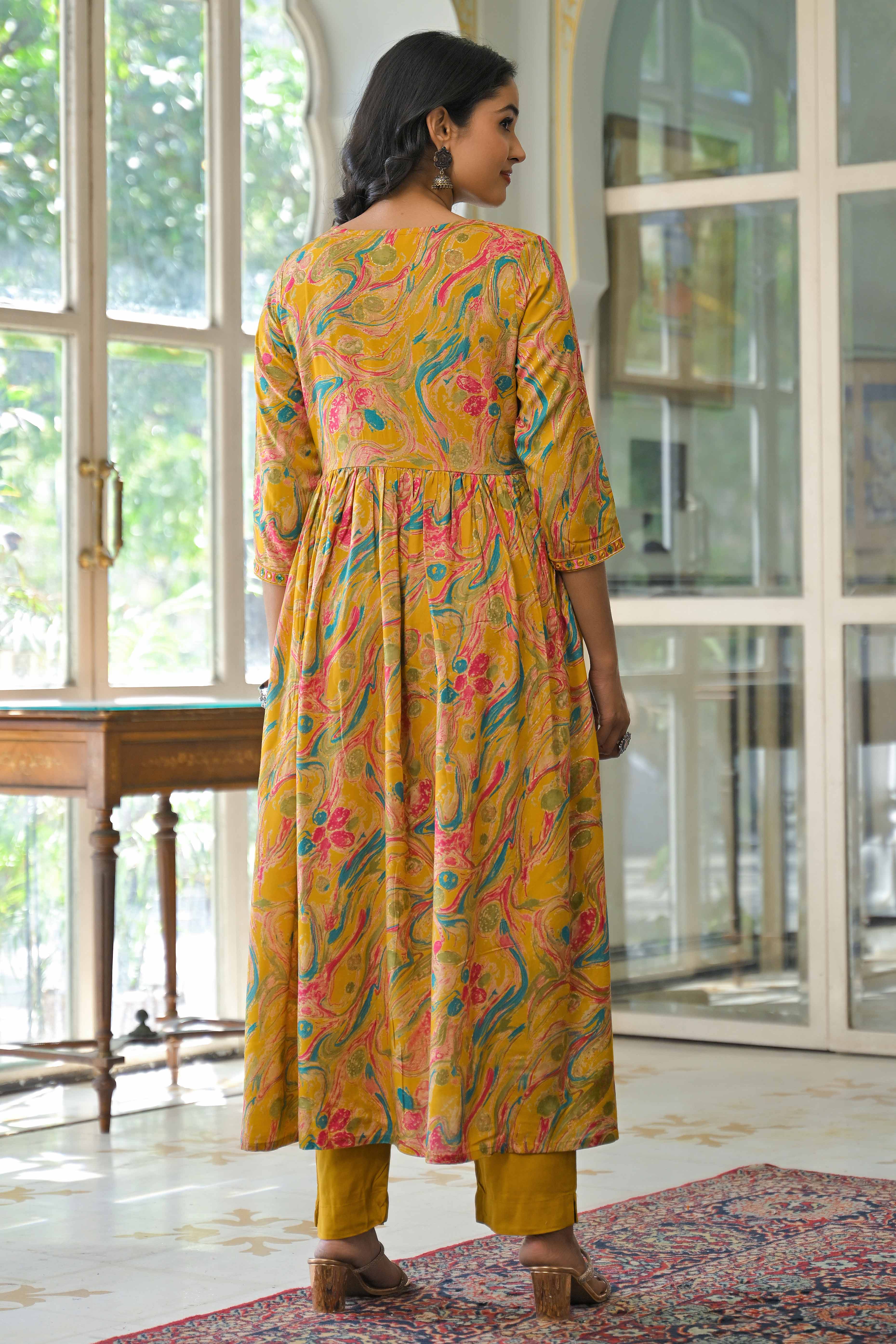 Mustard Floral Printed Rayon A-Line Salwar Suit