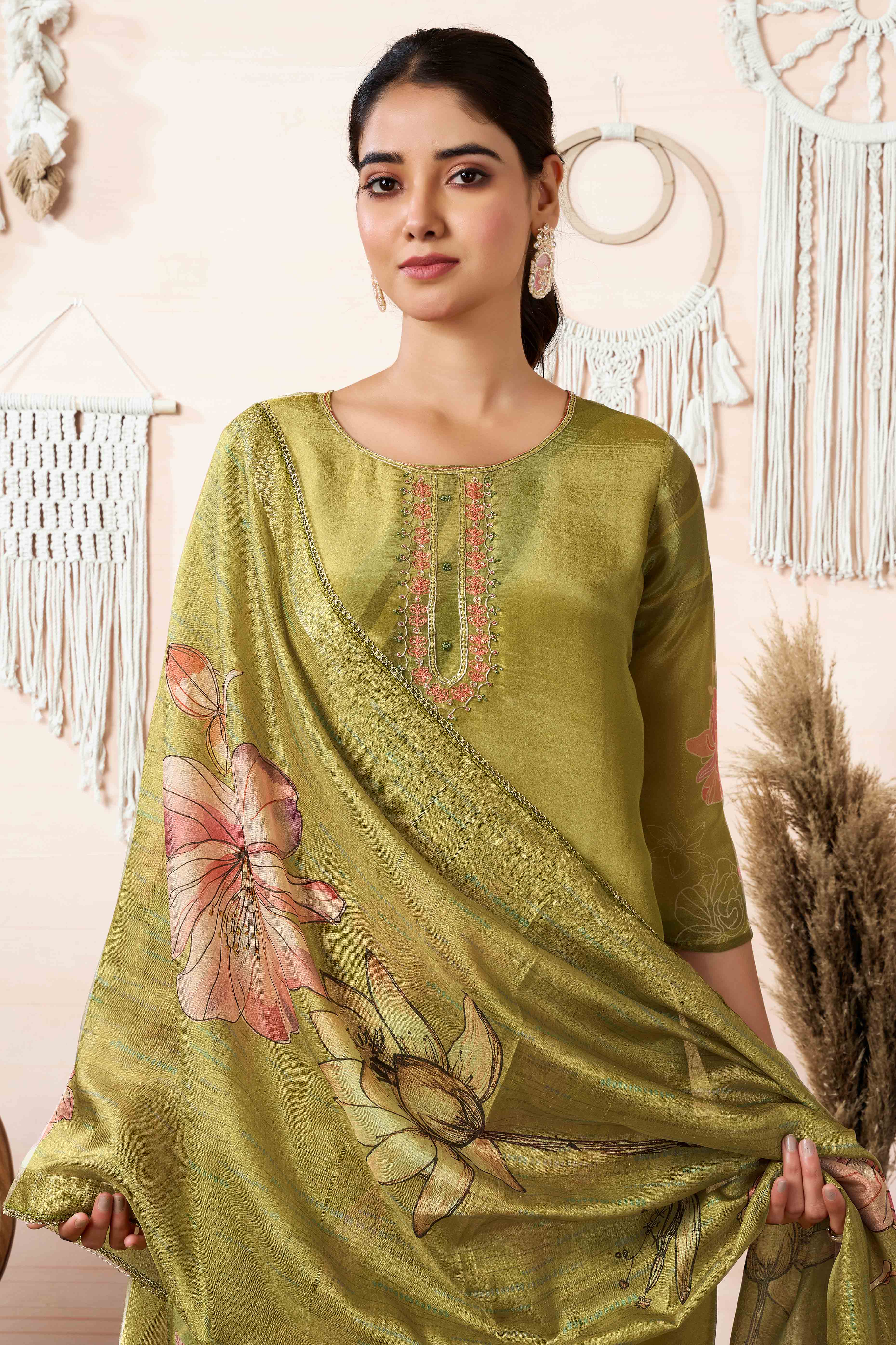 Green Floral Printed With Handwork Shimmer Organza Straight Salwar Suit