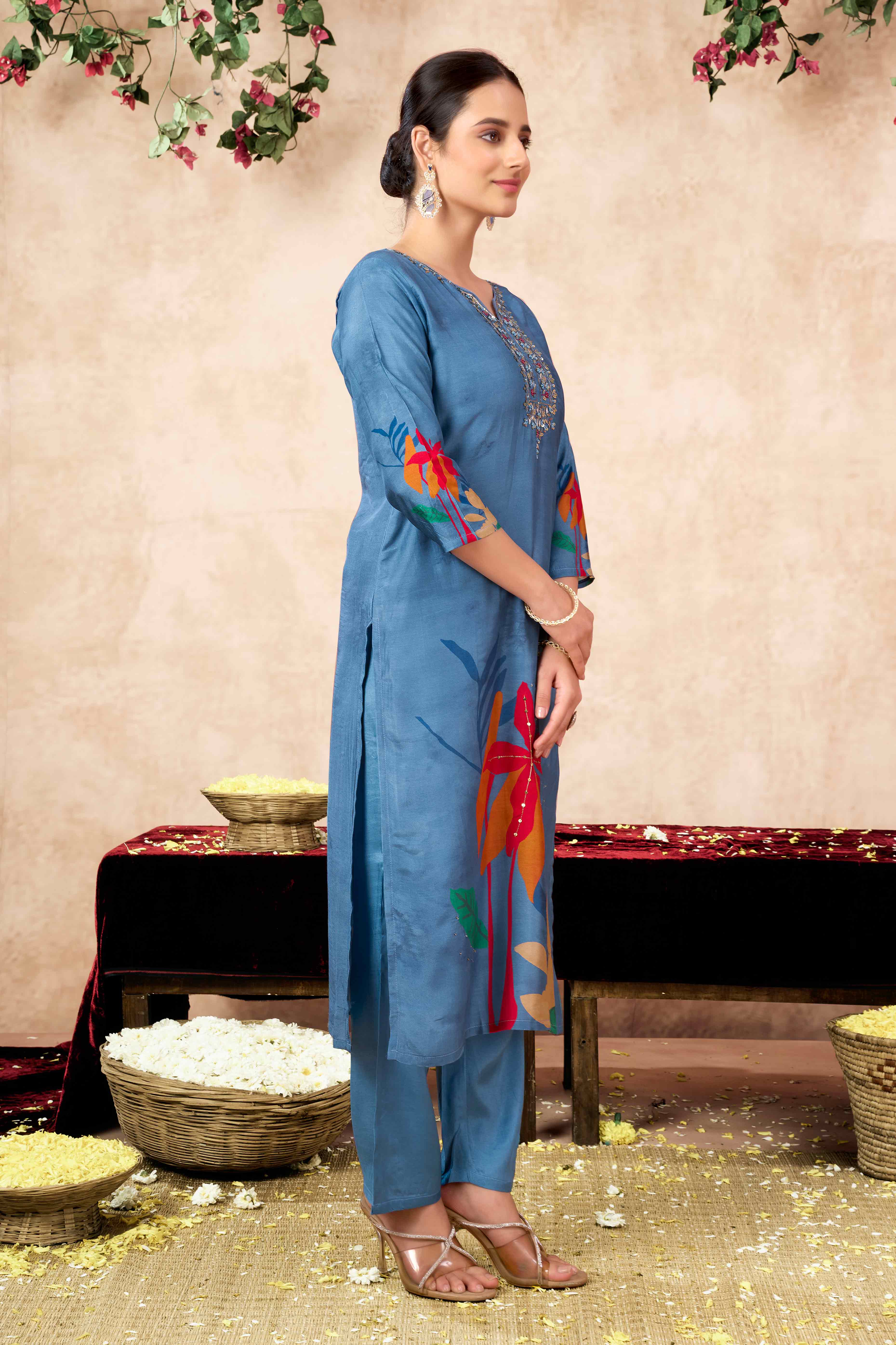 Blue Floral Hand Embroidery With Printed Muslin Straight Salwar Suit