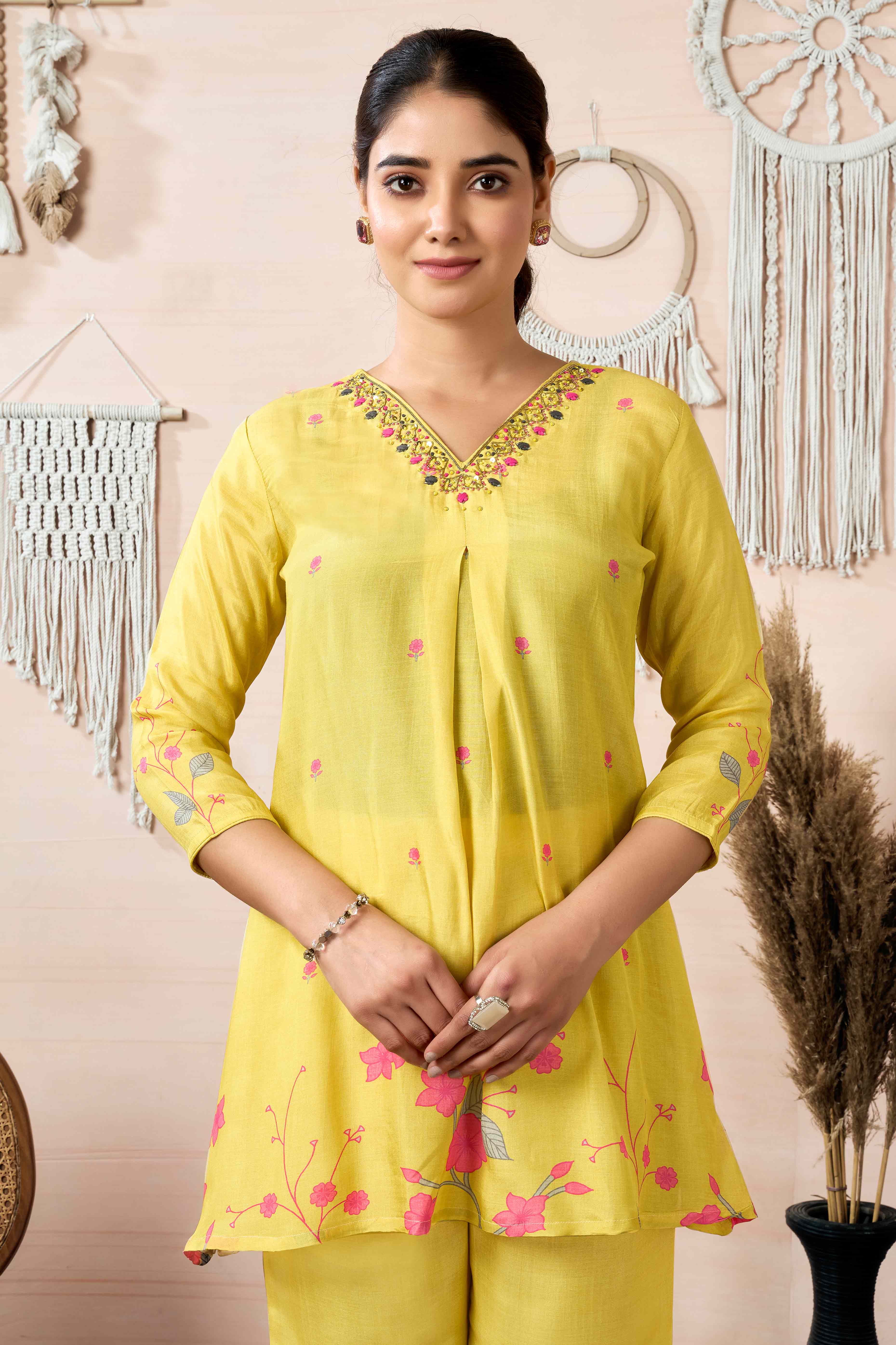 Yellow Floral Digital Print With Handwork Muslin Co-Ord Set