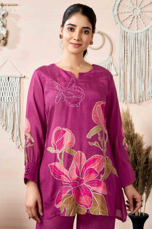 Mulberry Wine Beads Work Digital Printed Muslin Co-Ord Set