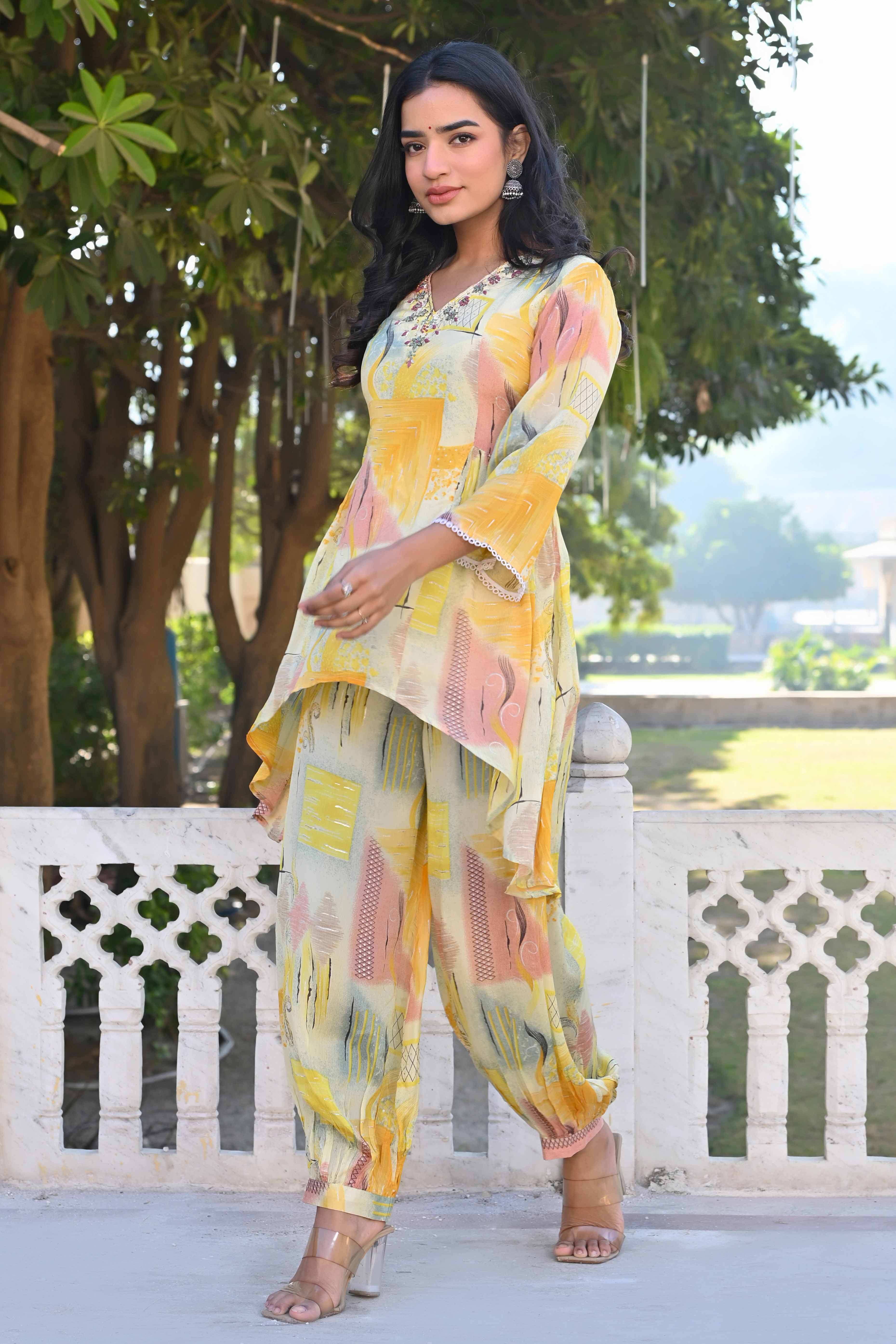 Cream & Yellow Printed With Embroidered Pure Chinon A-Line Co-Ord Set