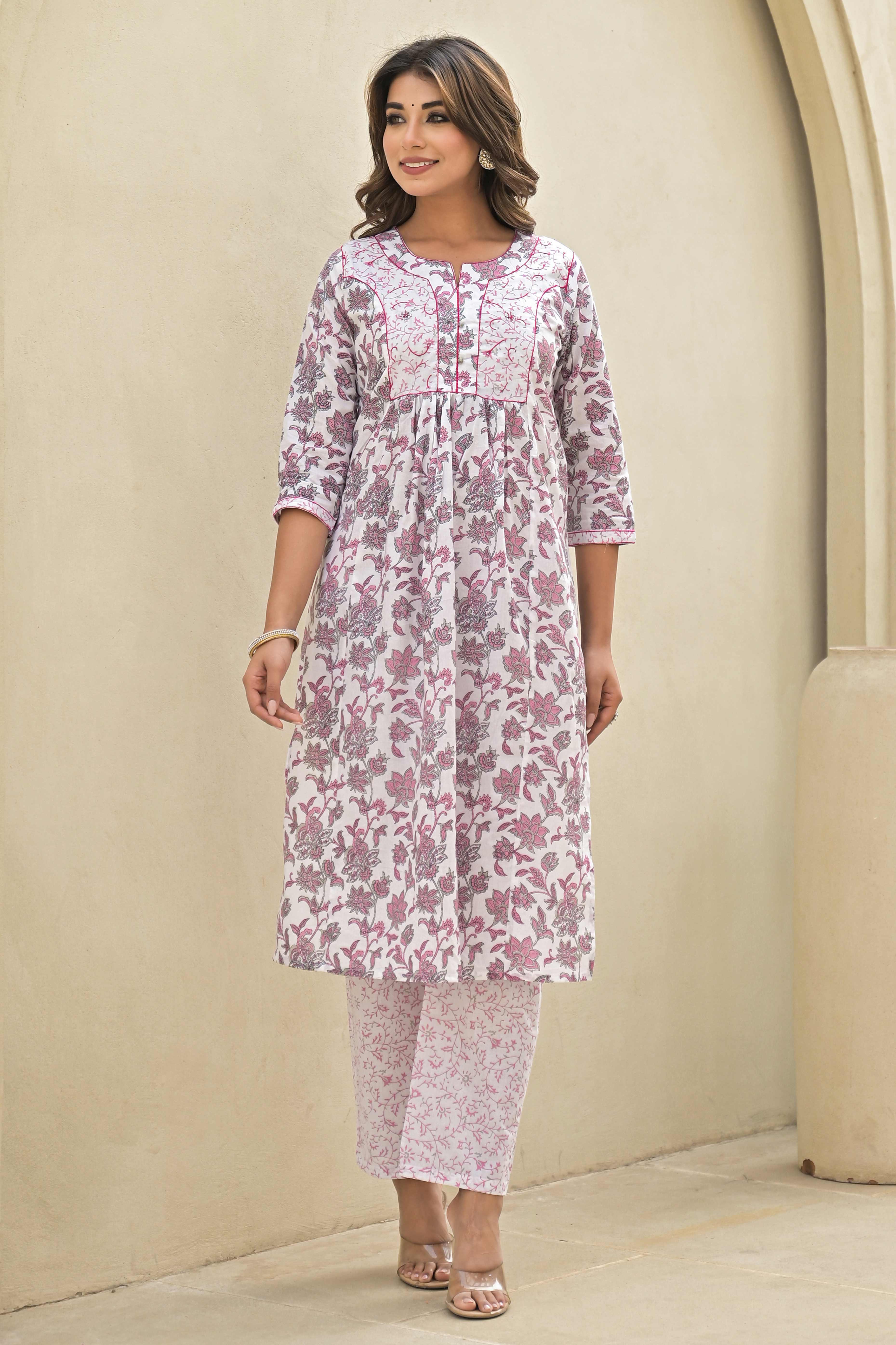 White & Pink Floral Printed Pure Cotton Naira Cut Salwar Suit