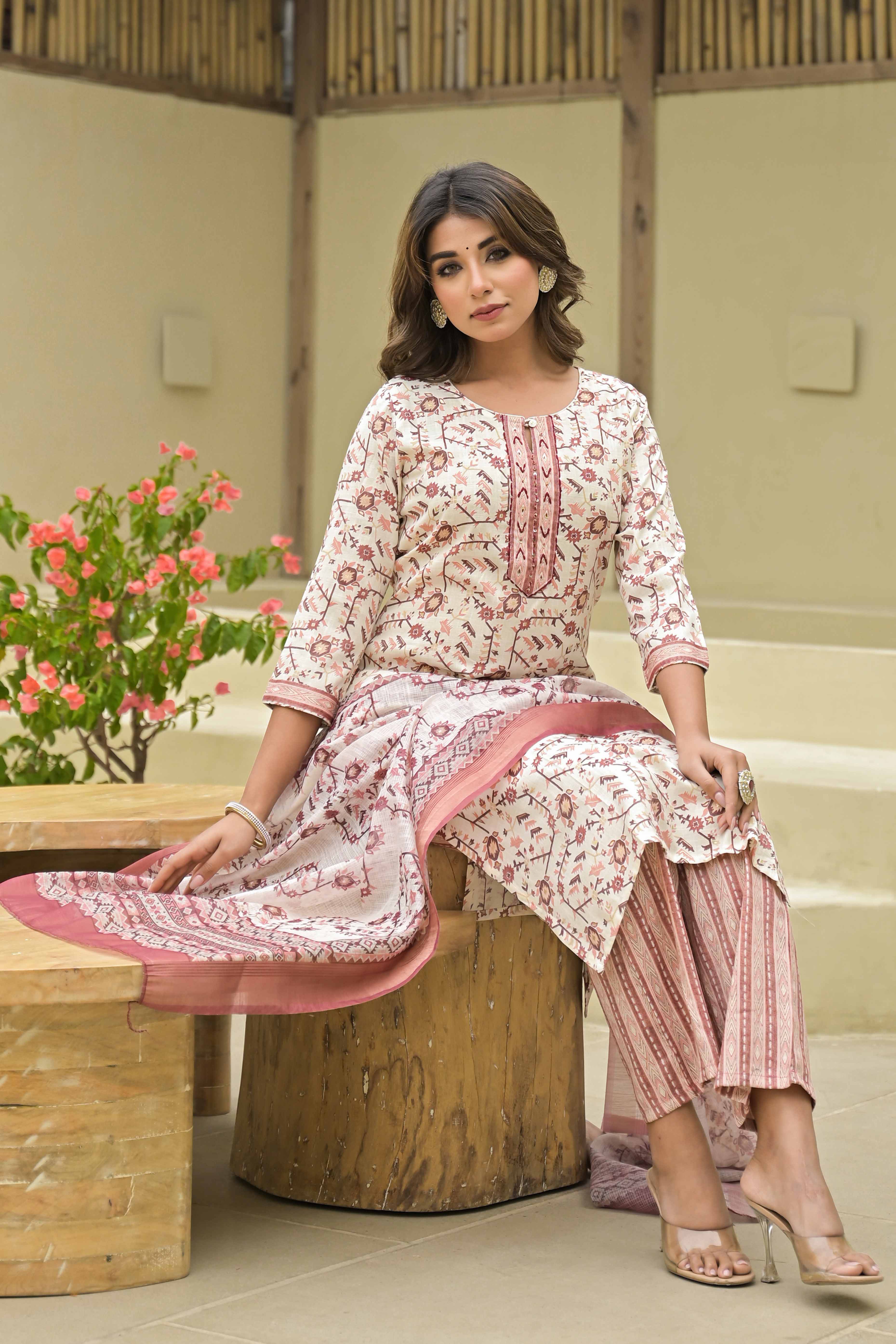 Peach Floral Printed Rayon Straight Salwar Suit