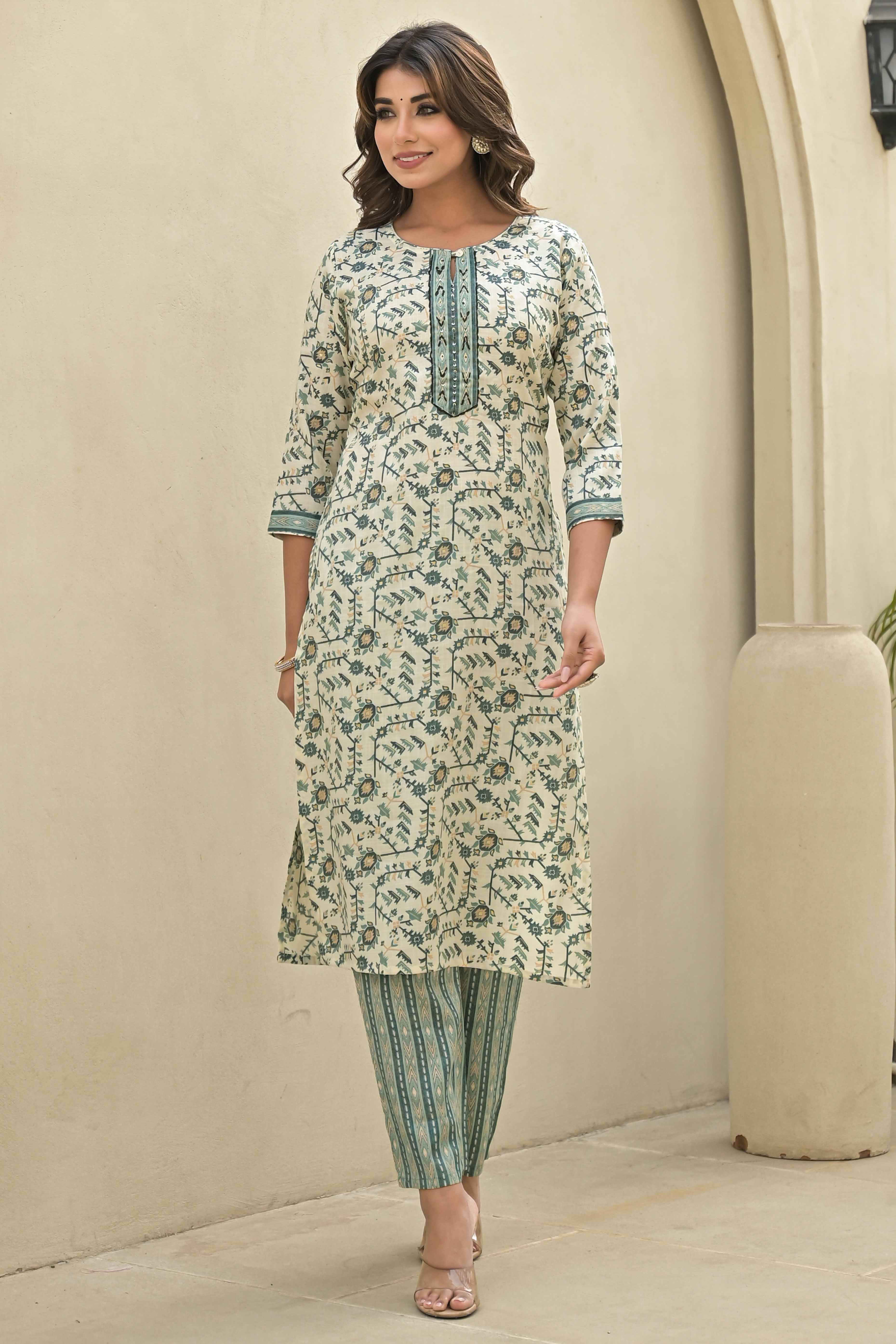 Sea Green Floral Printed Rayon Straight Salwar Suit