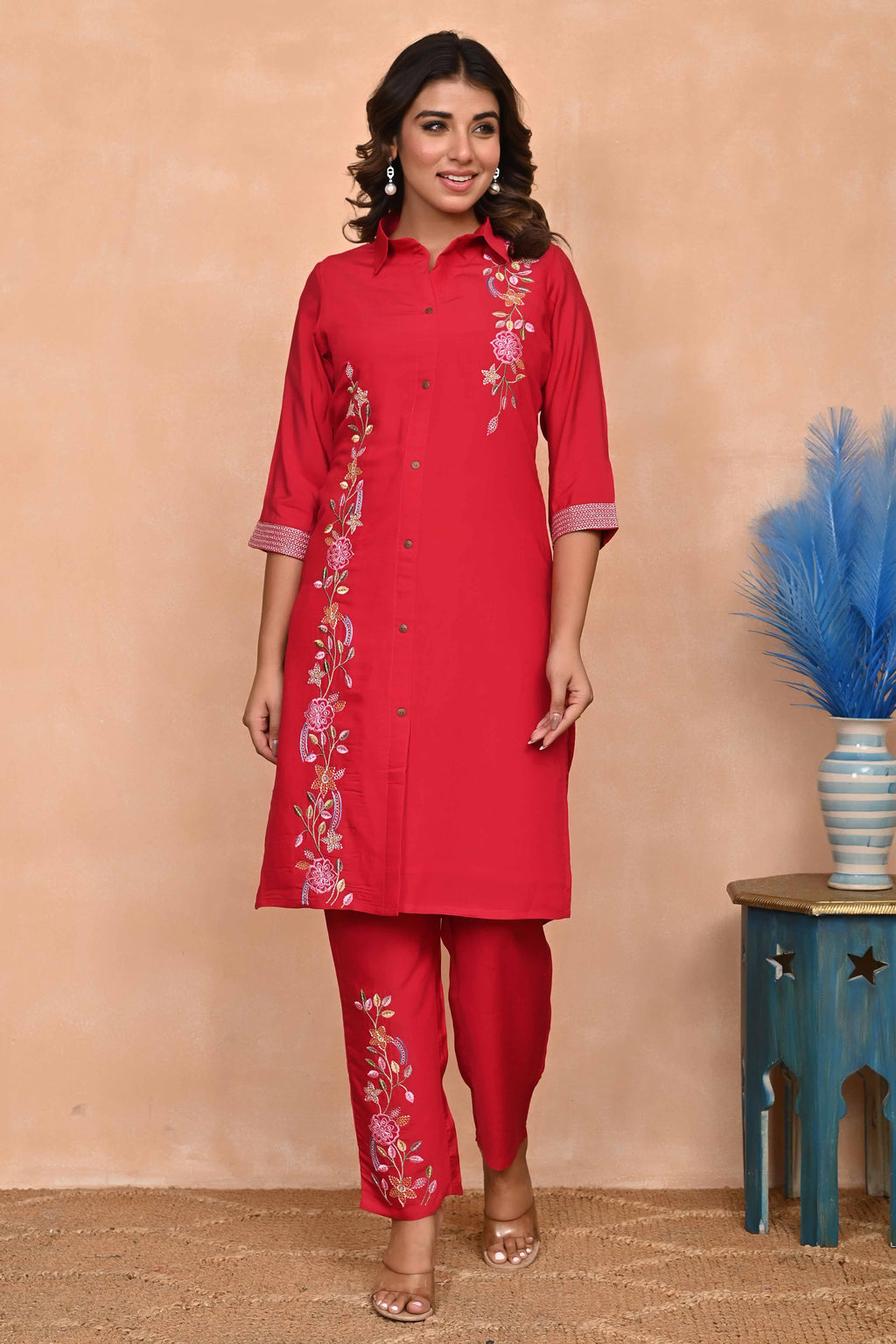 Stylish Red Co-Ord Set in Chanderi Silk with Intricate Floral Embroide
