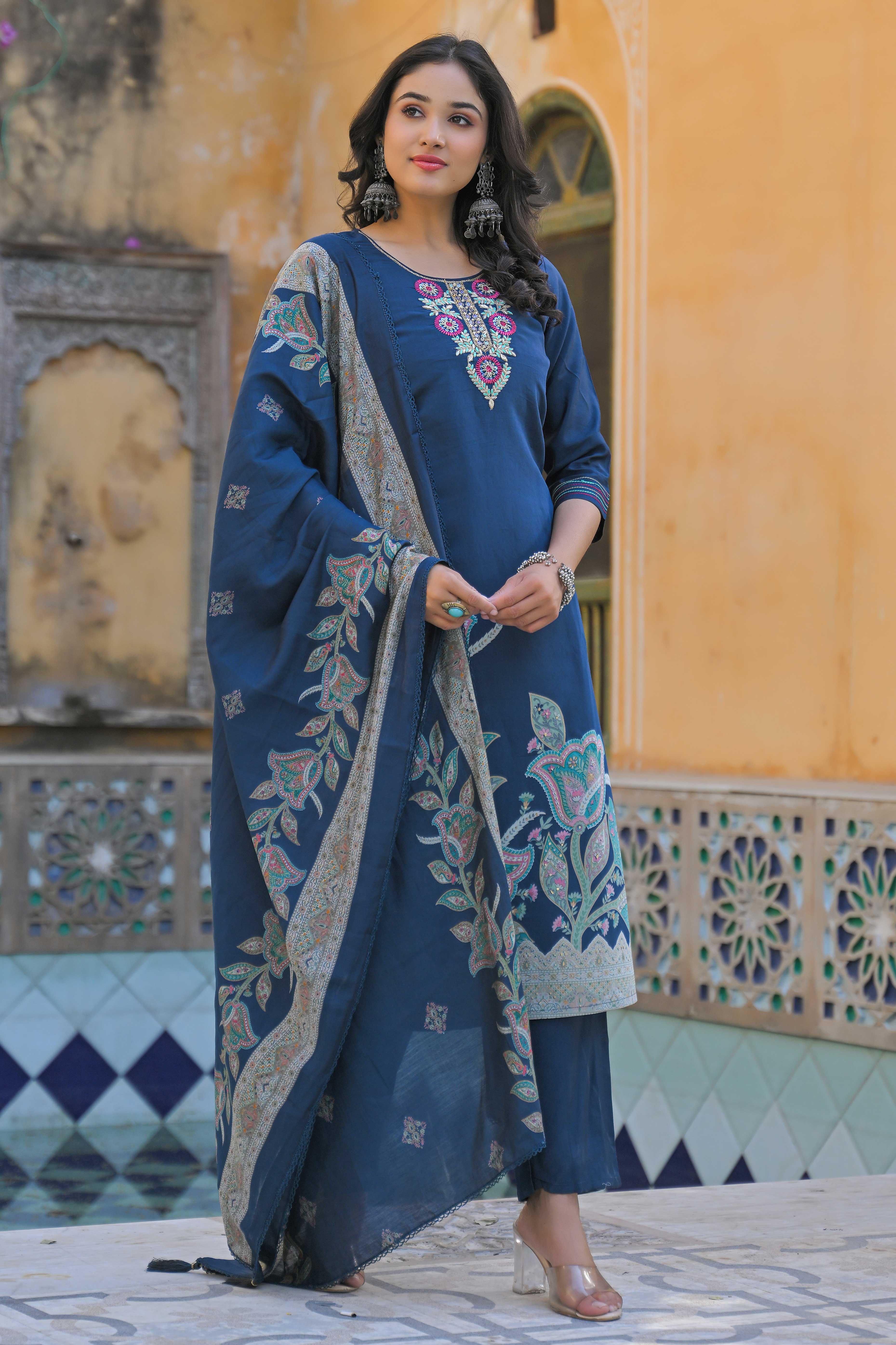 Traditional Morpich Blue Hand Embroidered Chanderi Silk Suit
