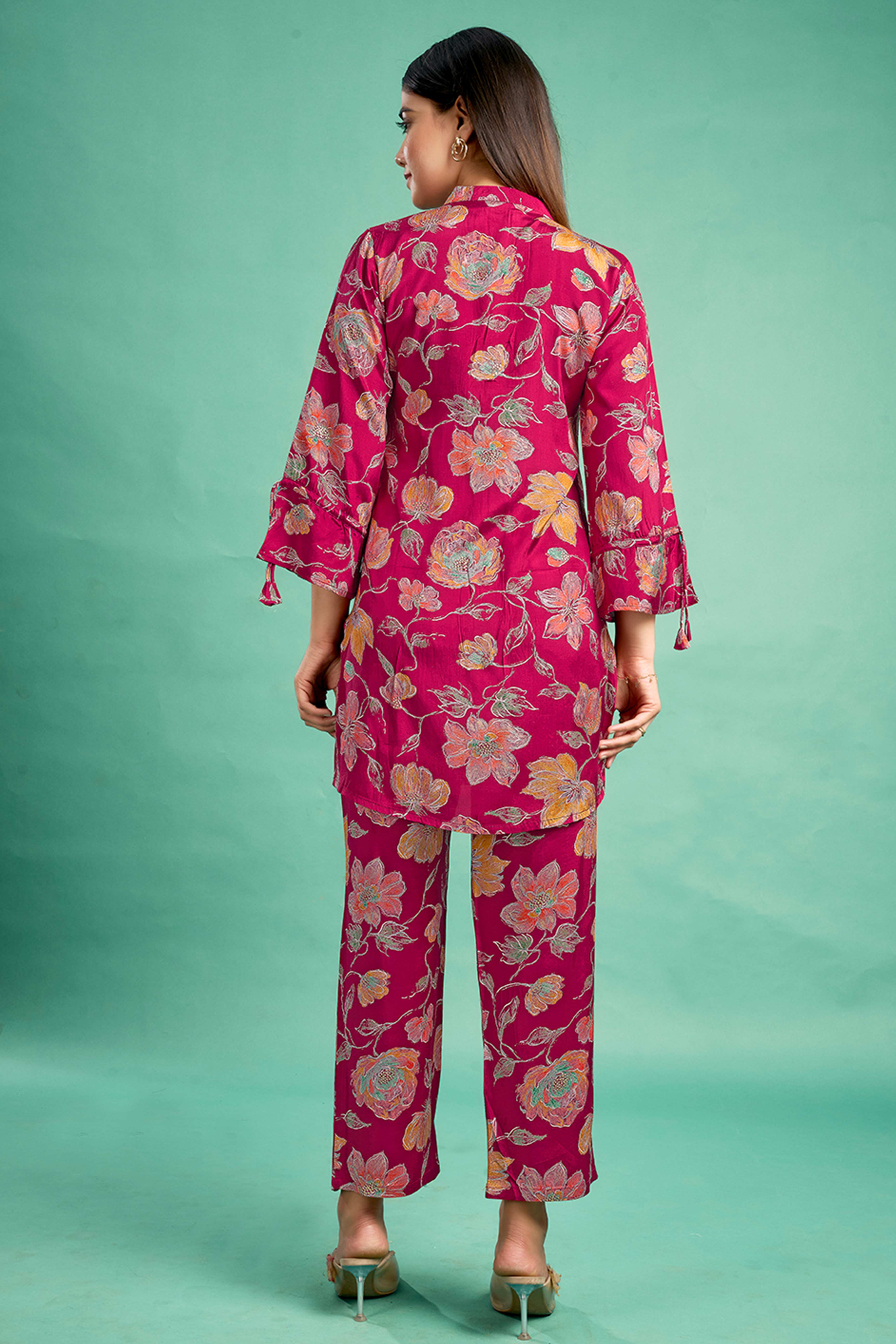 Red Floral Printed Muslin Straight Co-Ord Set