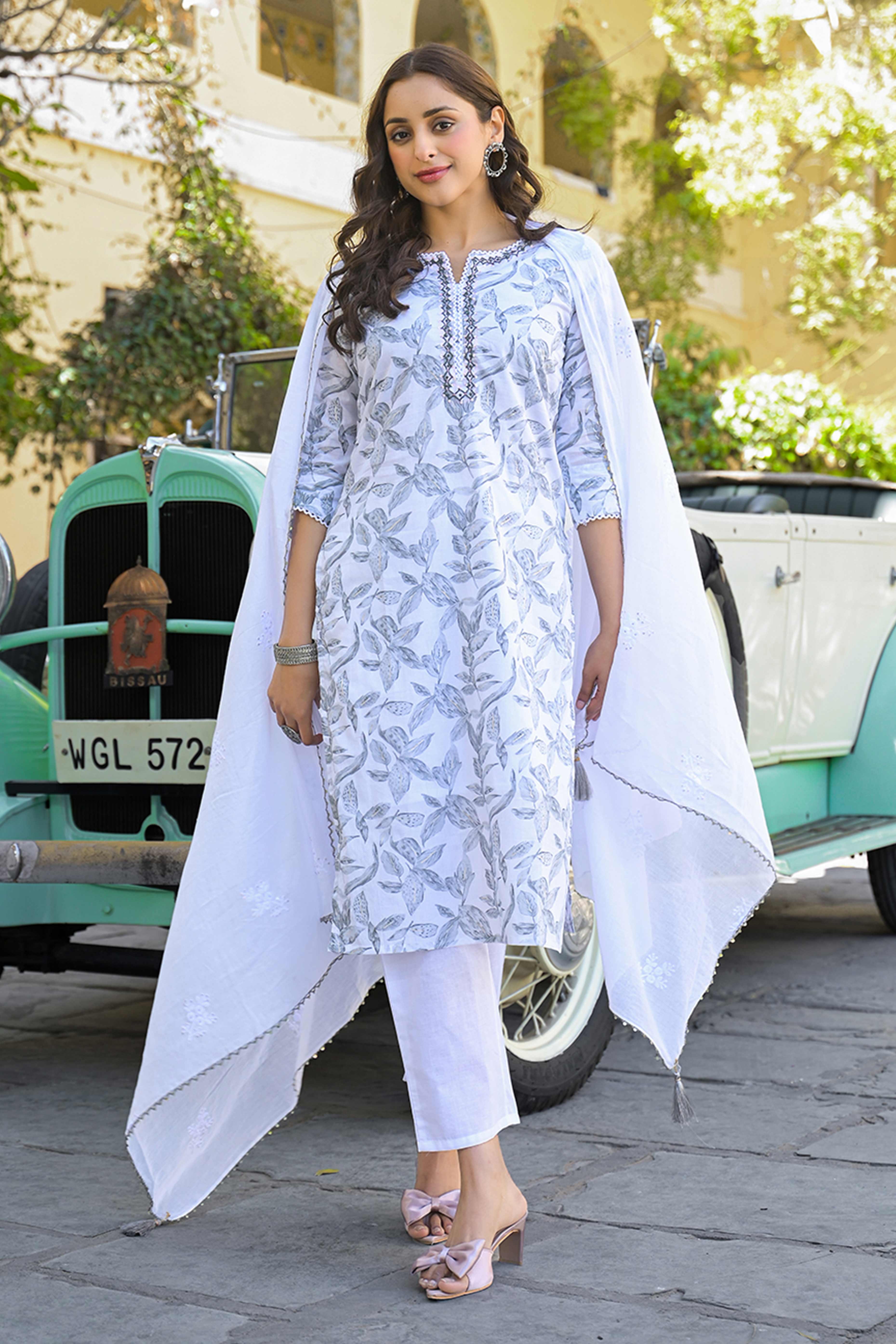 White & Grey Floral Printed Pure Cotton Straight Salwar Suit