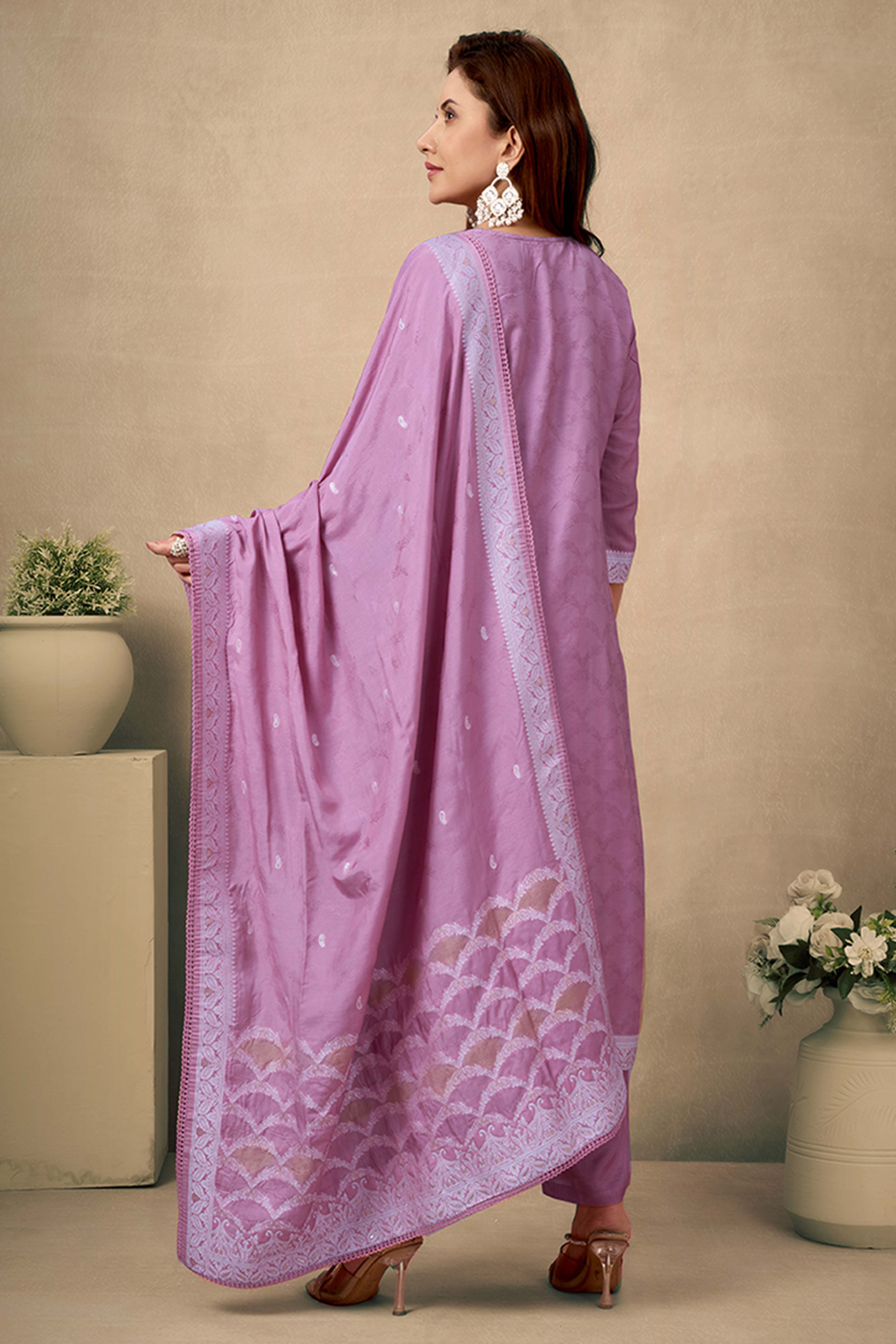 Light Purple Silk Jacquard Straight Salwar Suit with Embroidery Work