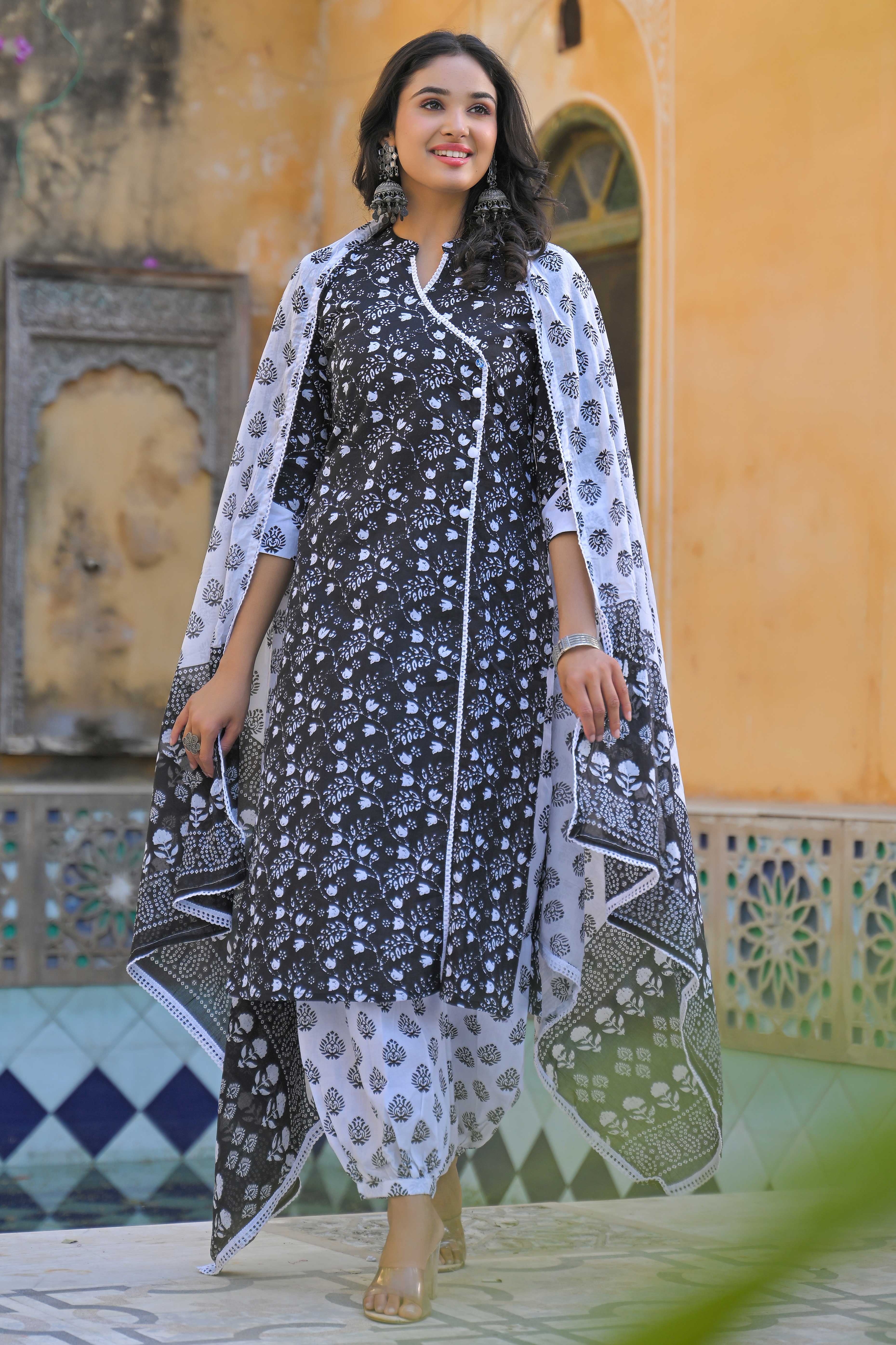 Black Floral Printed Pure Cotton Angrakha Salwar Suit