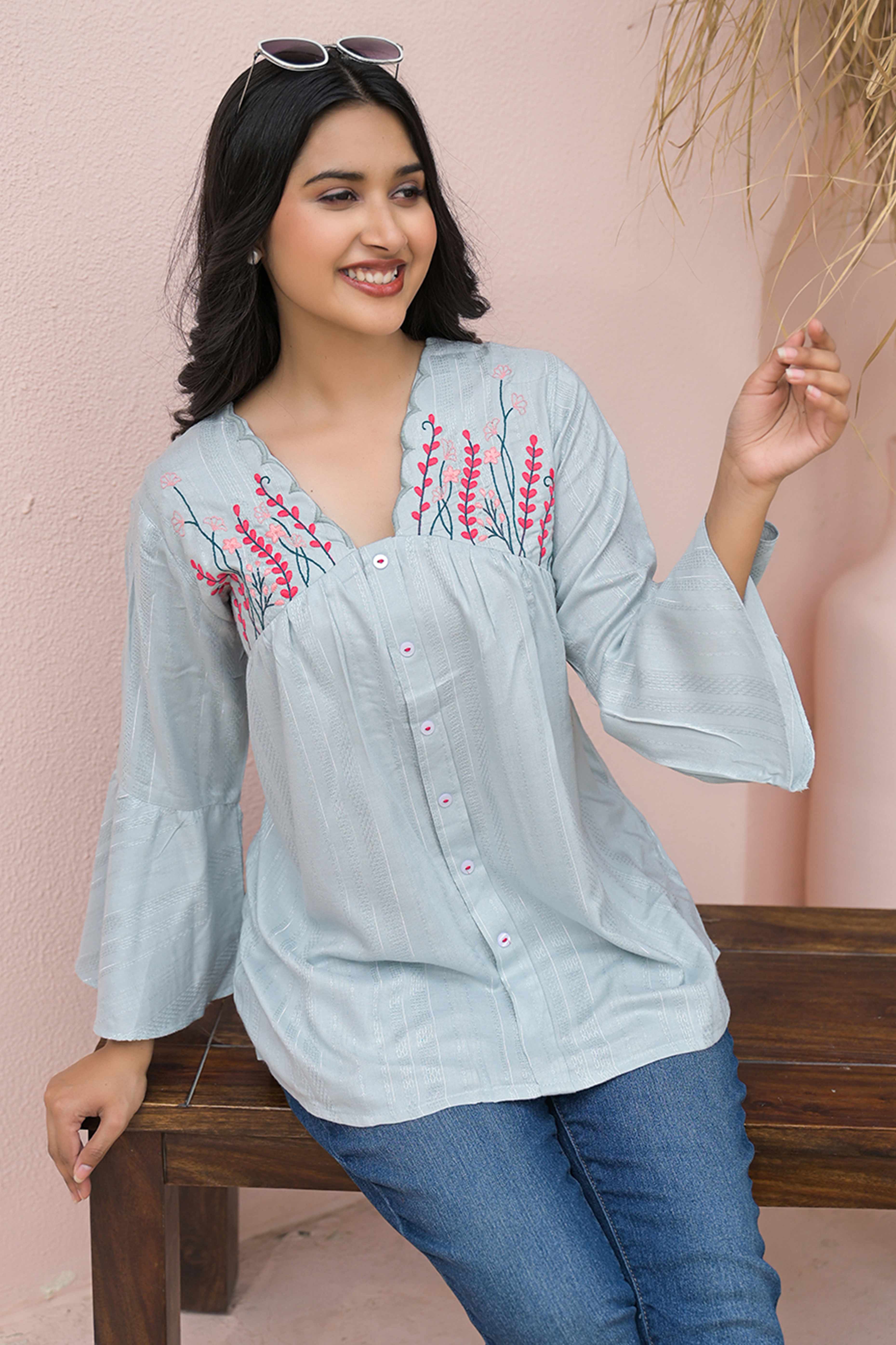 Elegant Light Sky Blue A-Line Cotton Top with Delicate Floral Work