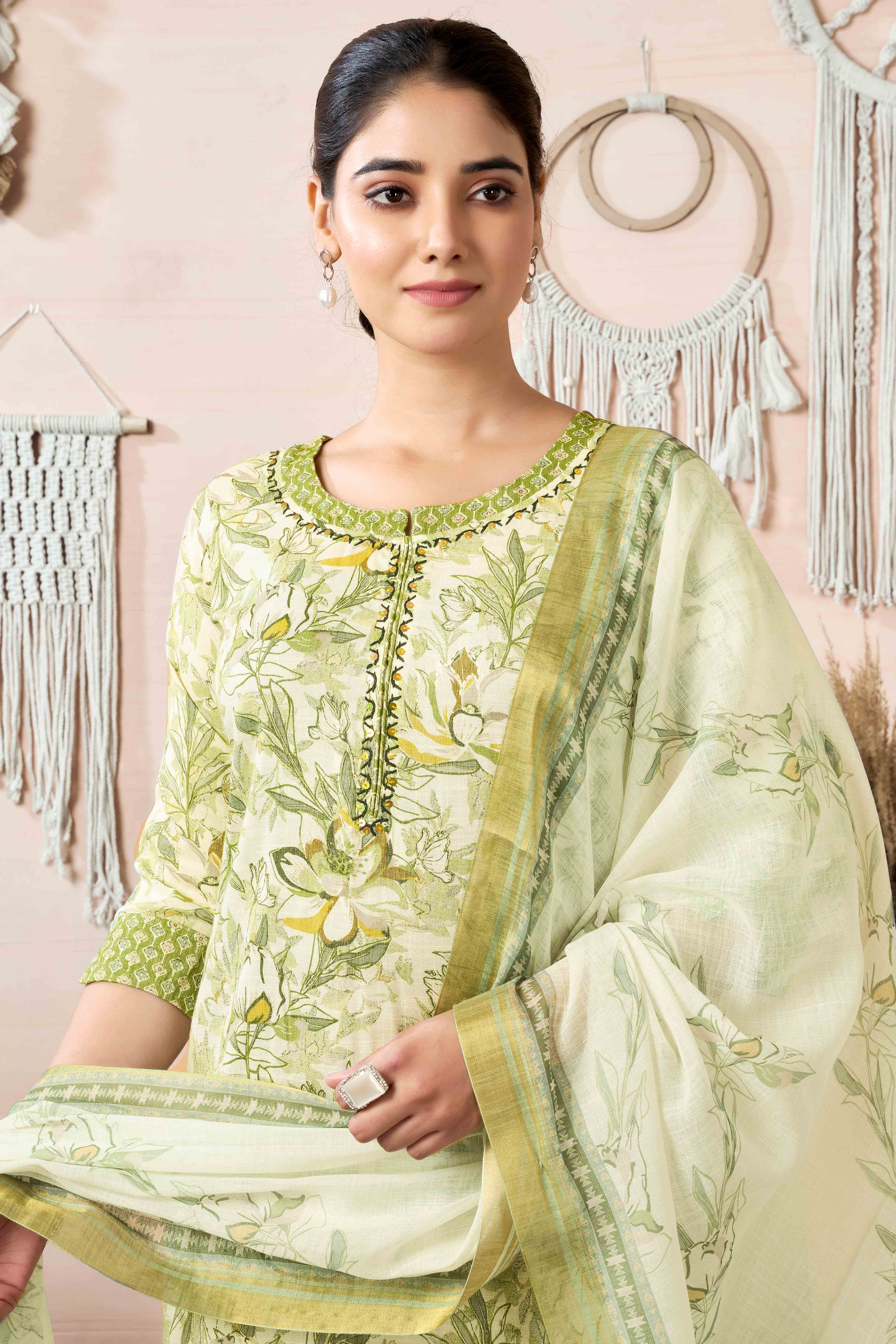 Off White Floral Foil Printed With Sequins Work Rayon Salwar Suit