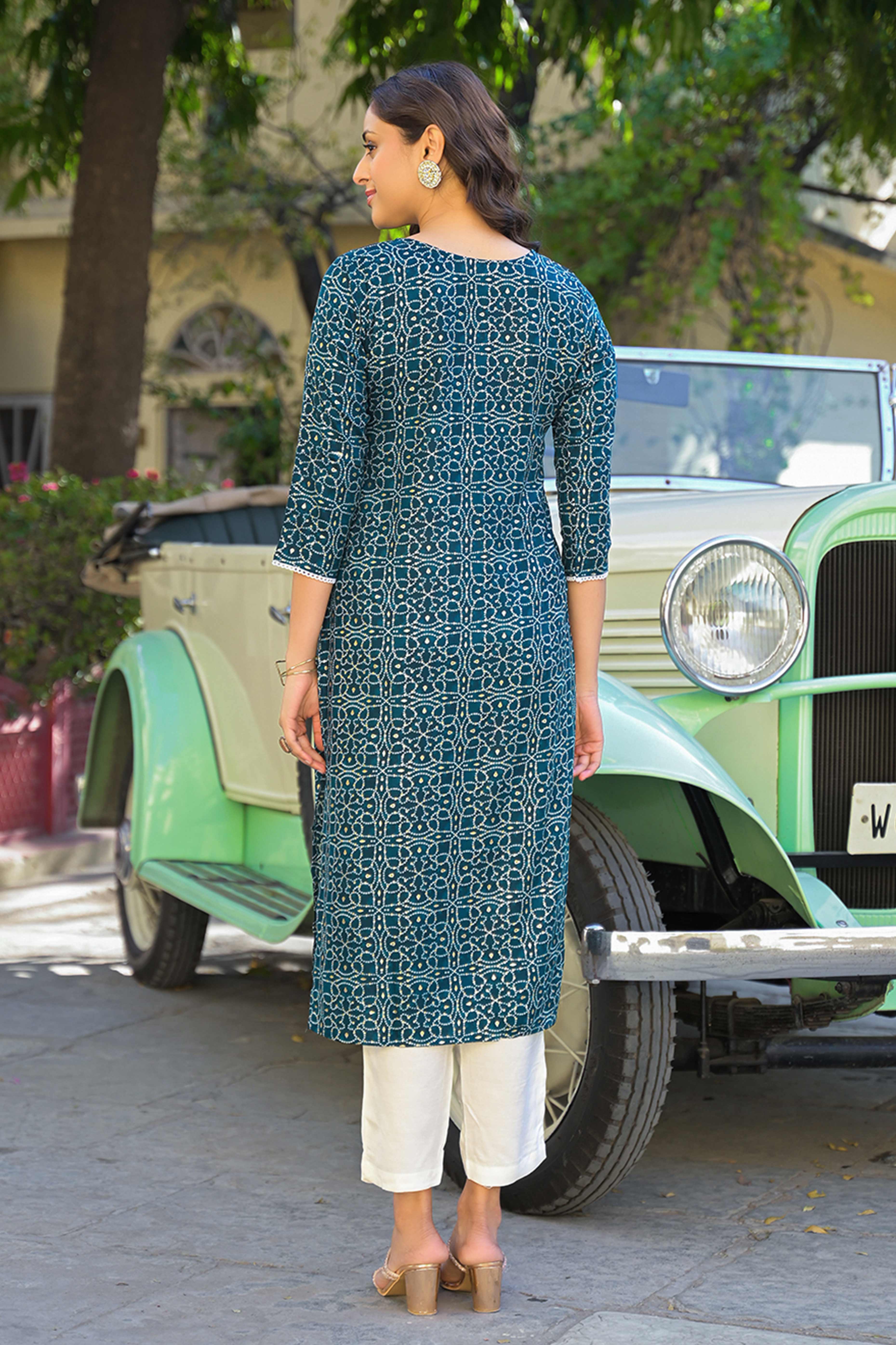 Bottle Green Bandhani Printed Thread Work Rayon Straight Kurti