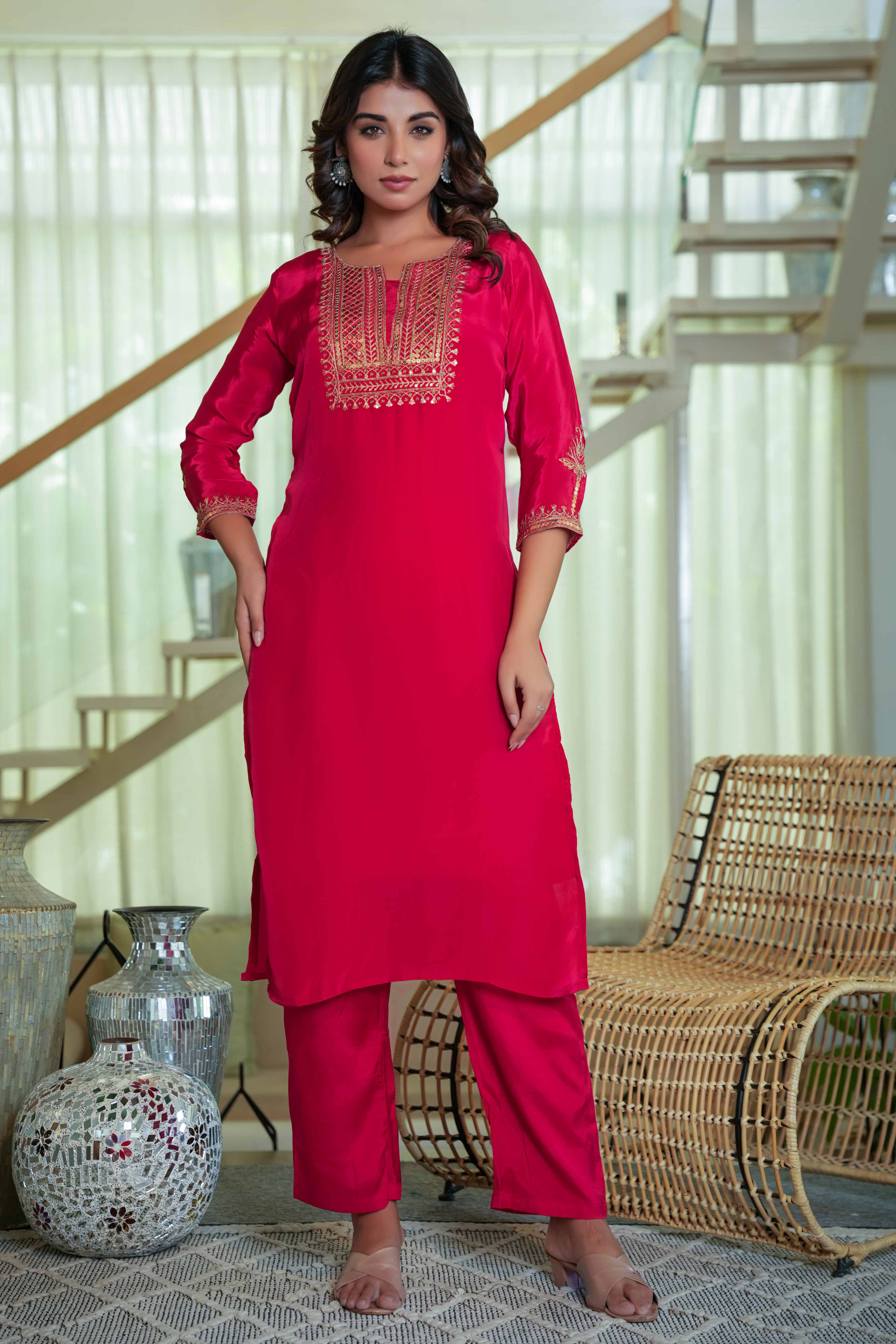 Glamorous Red Crepe Straight Suit with Intricate Sequin Embroidery