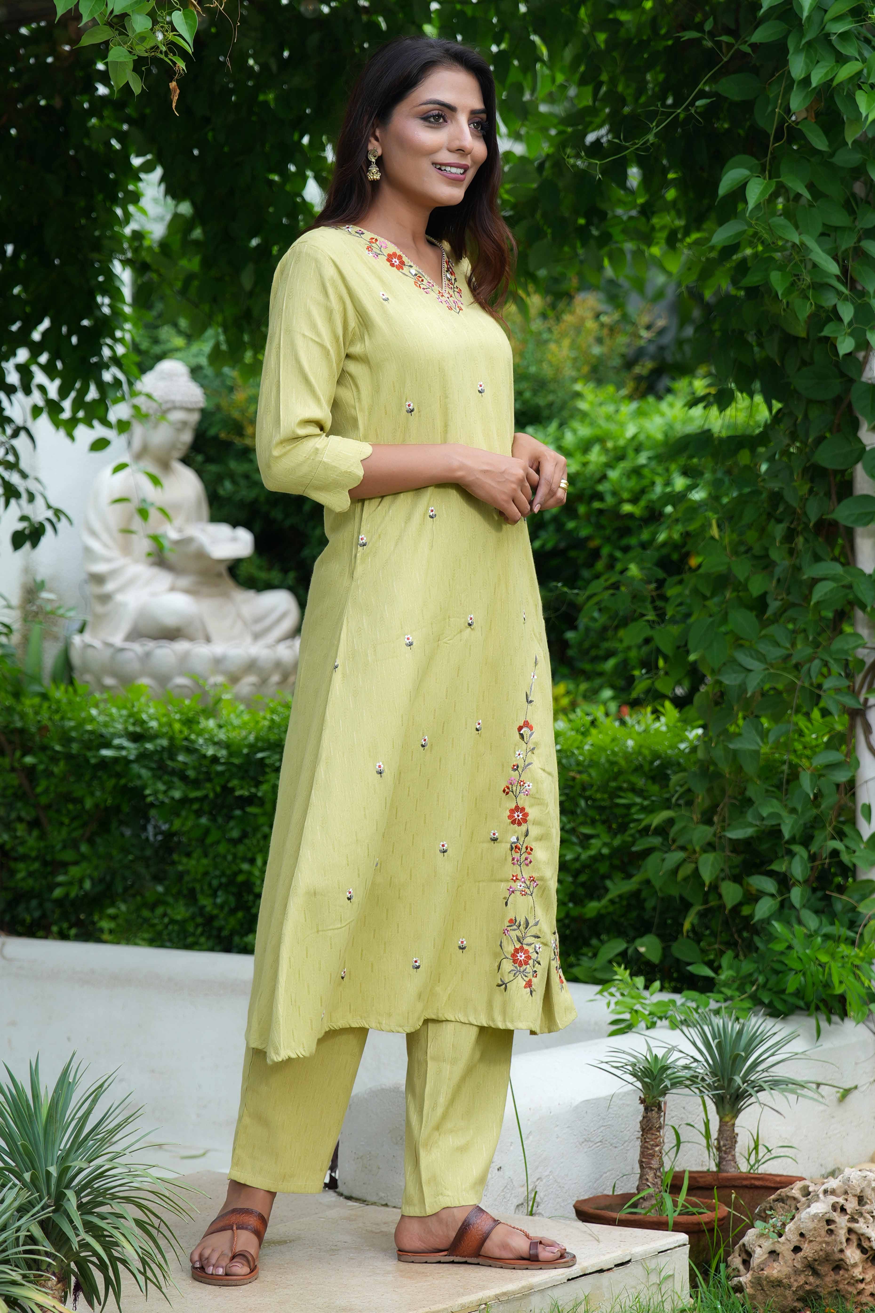 Light Green A-Line Top and Bottom Set in Dobby Rayon with Intricate Floral Embroidery