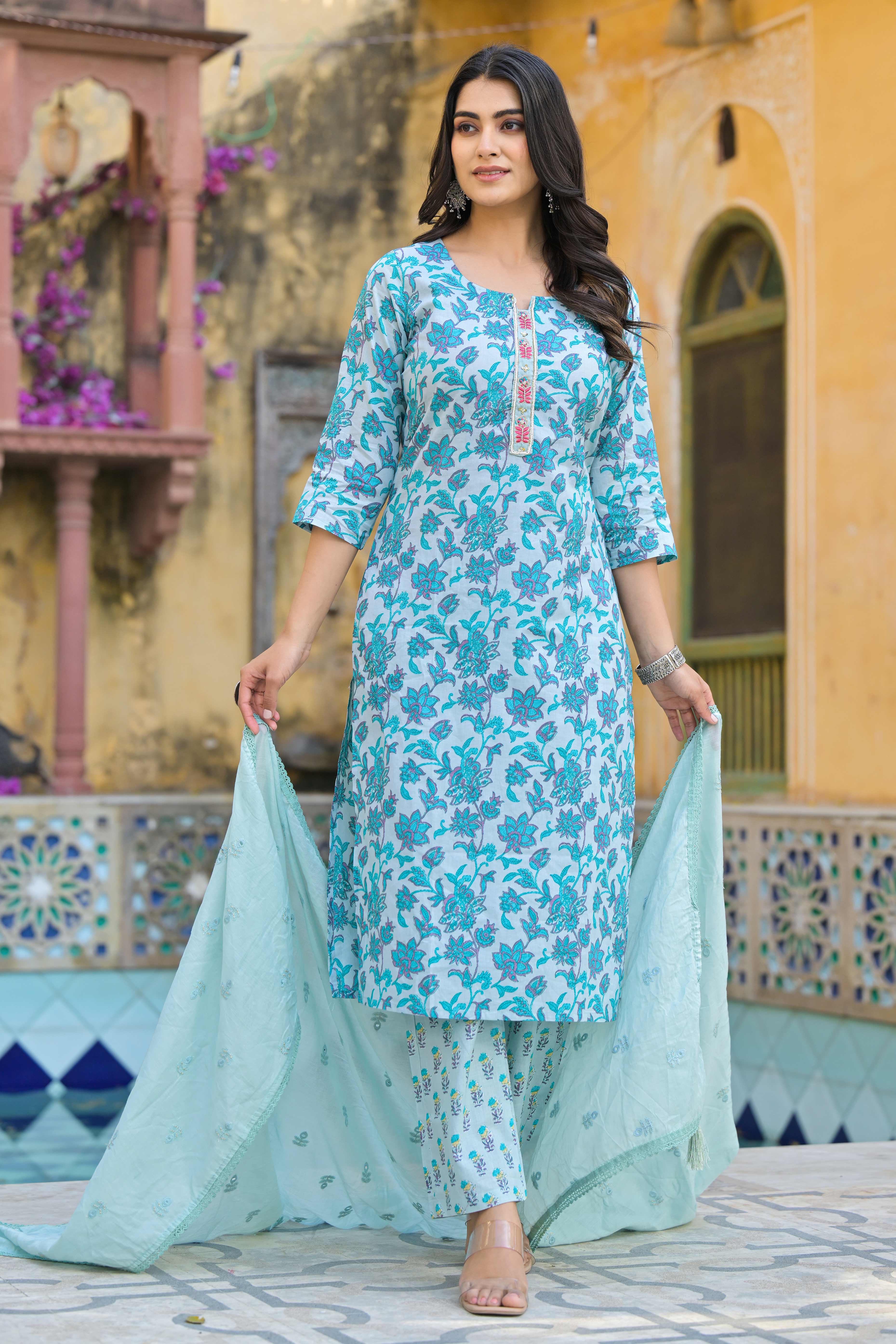 Turquoise Floral Printed Pure Cotton Straight Salwar Suit