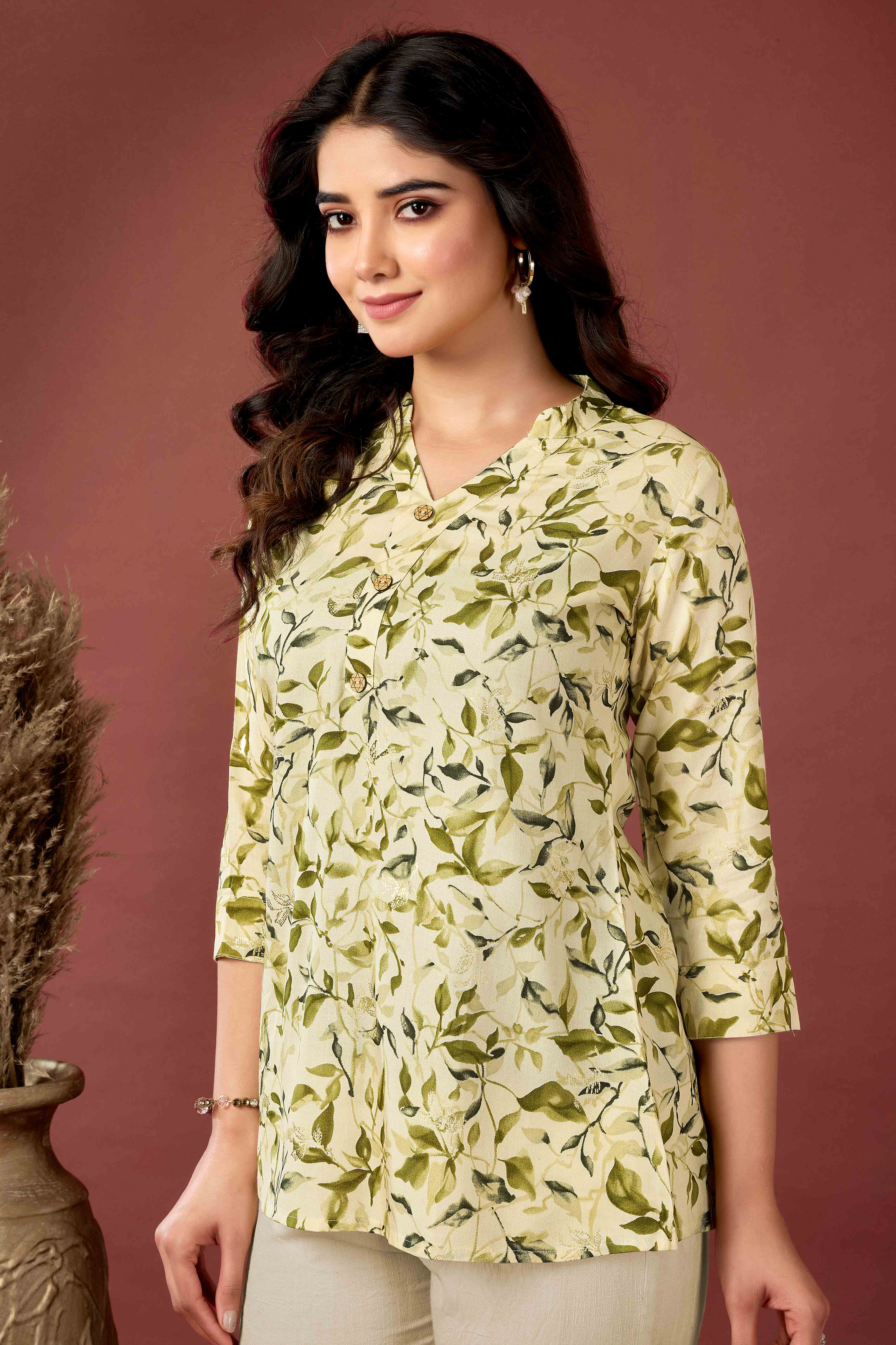 Cream & Olive Floral Printed Rayon Top