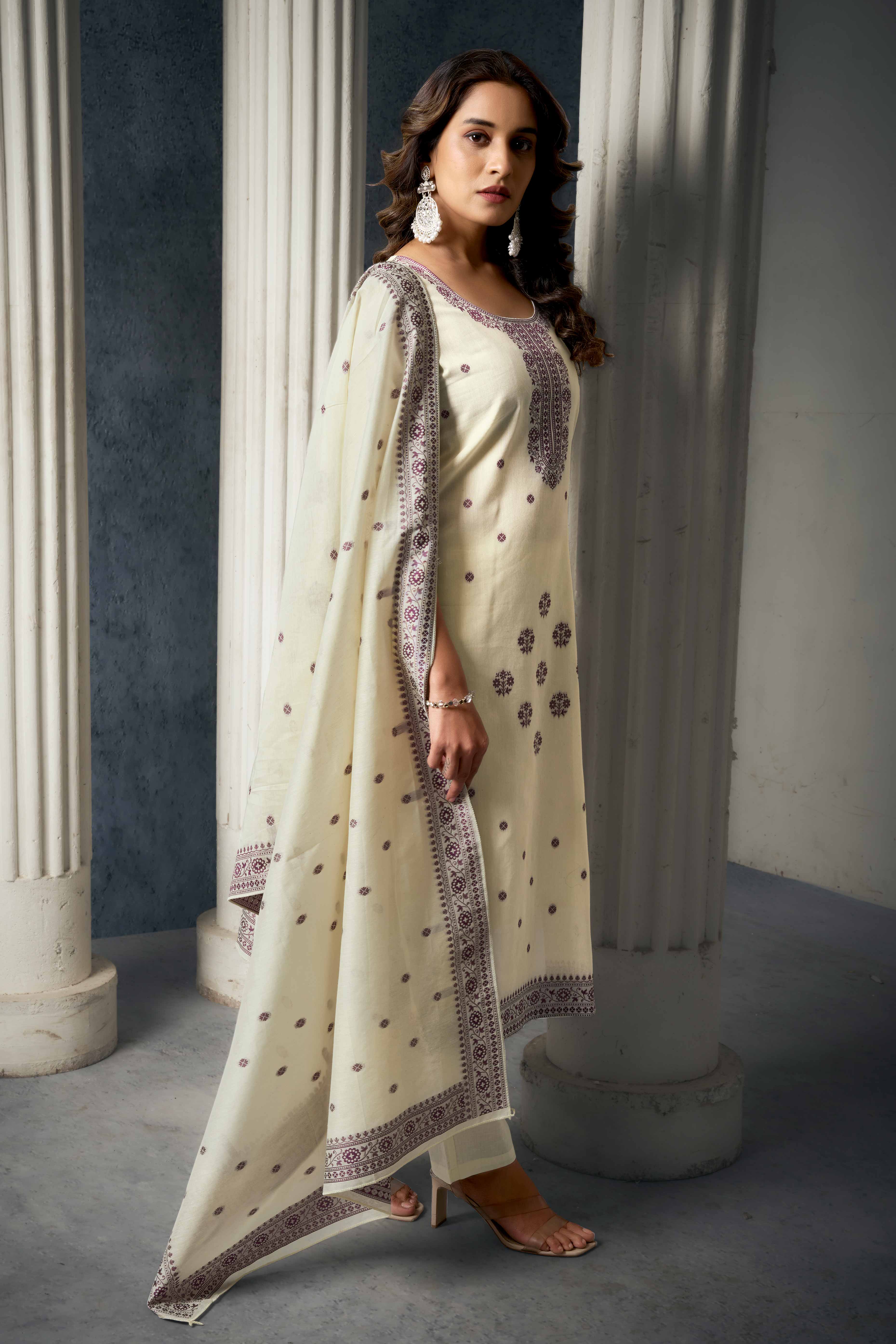 Off White & Wine Jacquard Weaving Pure Cotton Straight Salwar Suit