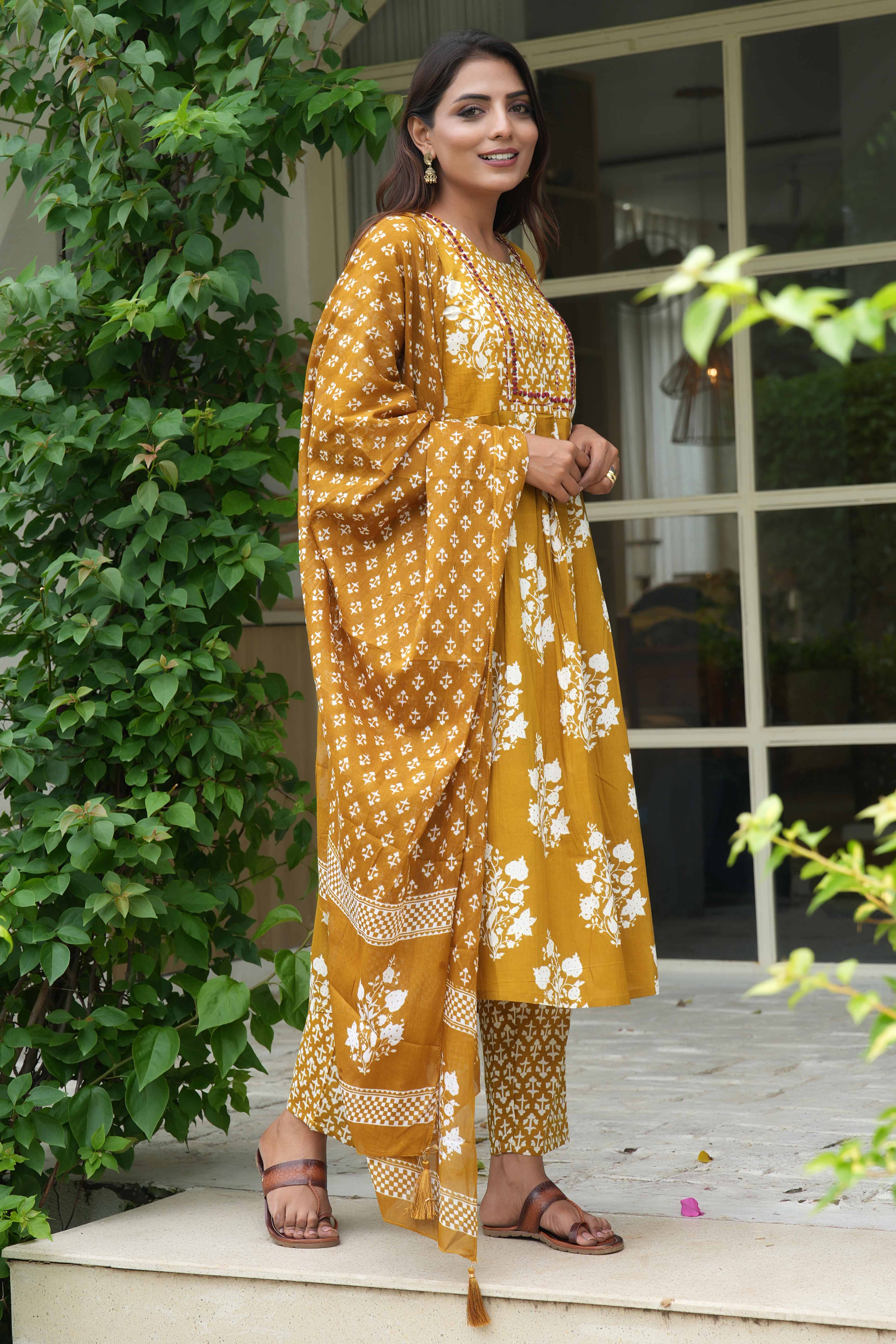 Radiant Mustard A Line Suit Adorned with Mirror & Sequin Embroidery Elegance