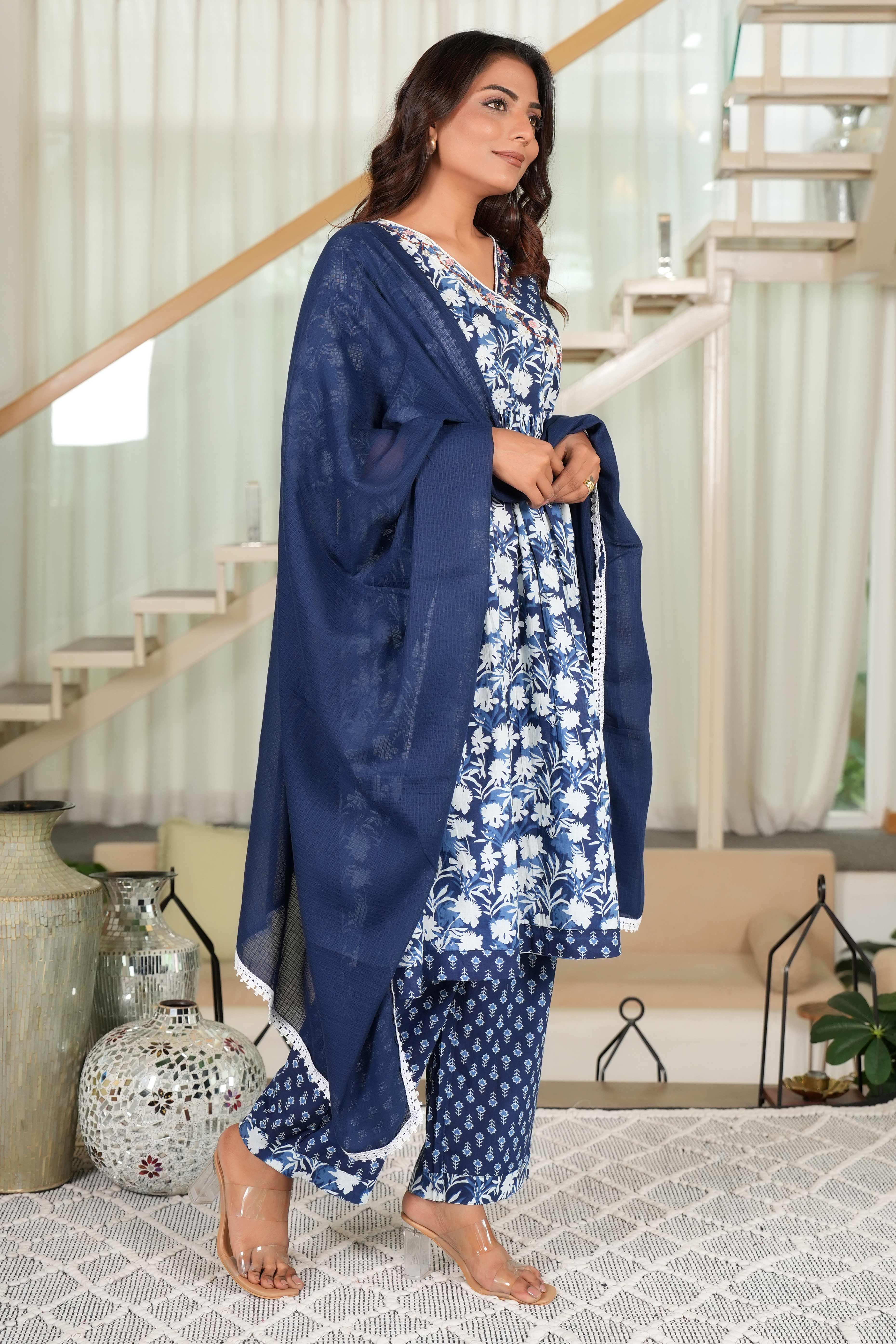 Dark Blue Anarkali Salwar Suit Featuring Floral Prints on Pure Cotton