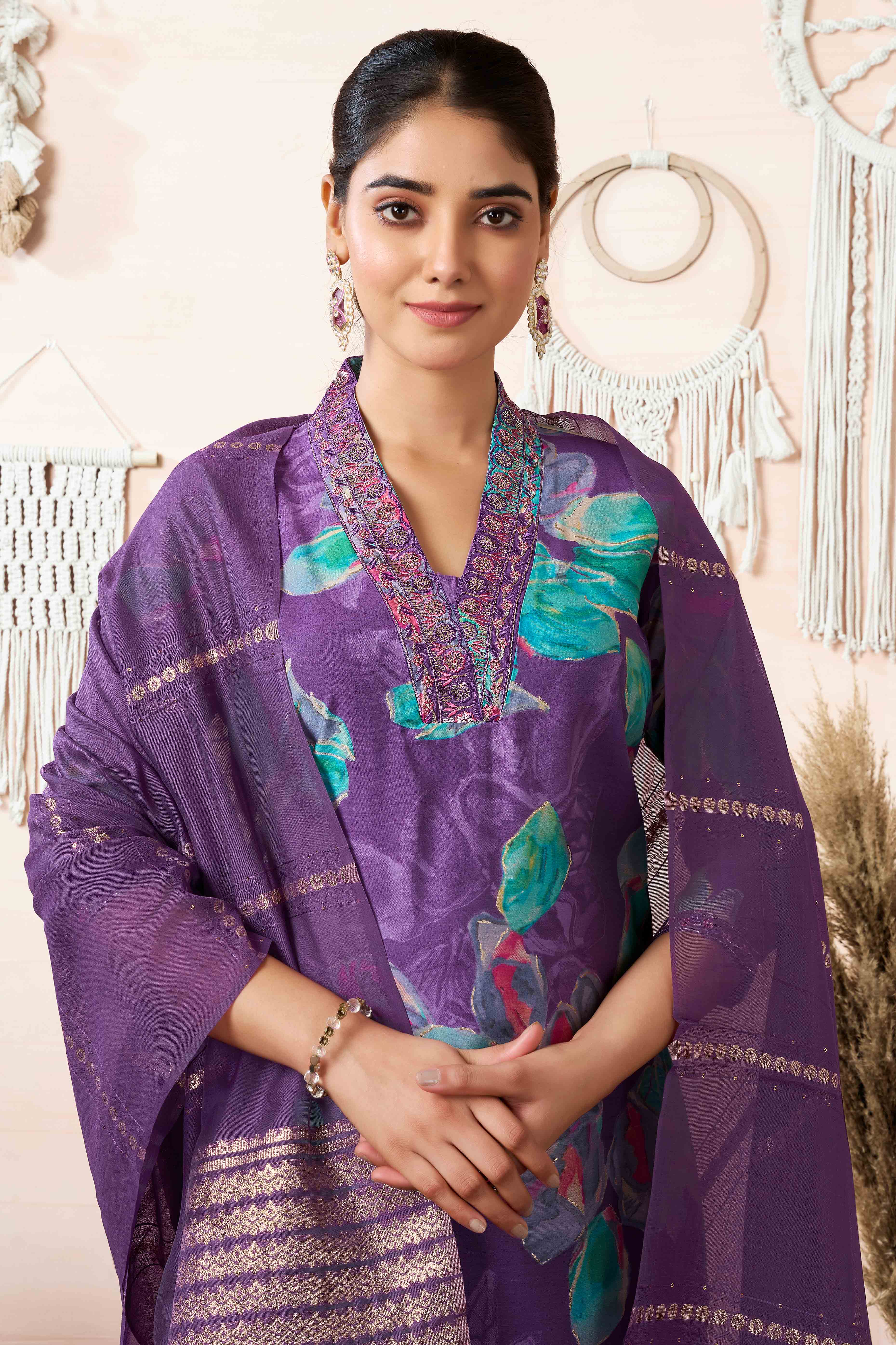 Purple Floral Printed Cotton Silk Straight Salwar Suit