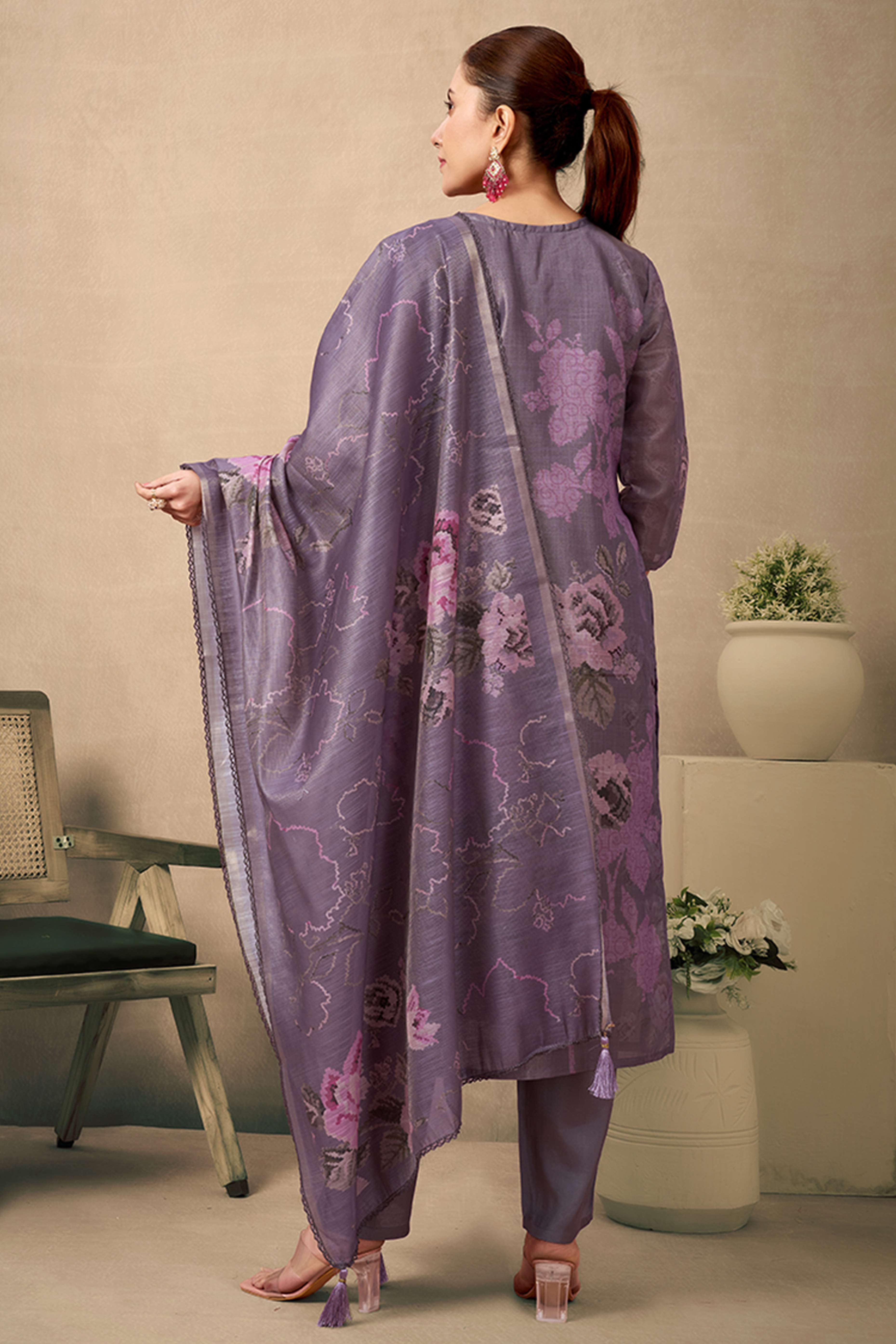 Mauve Floral Printed and Embroidered Straight Suit in Rich Textured Jacquard Fabric