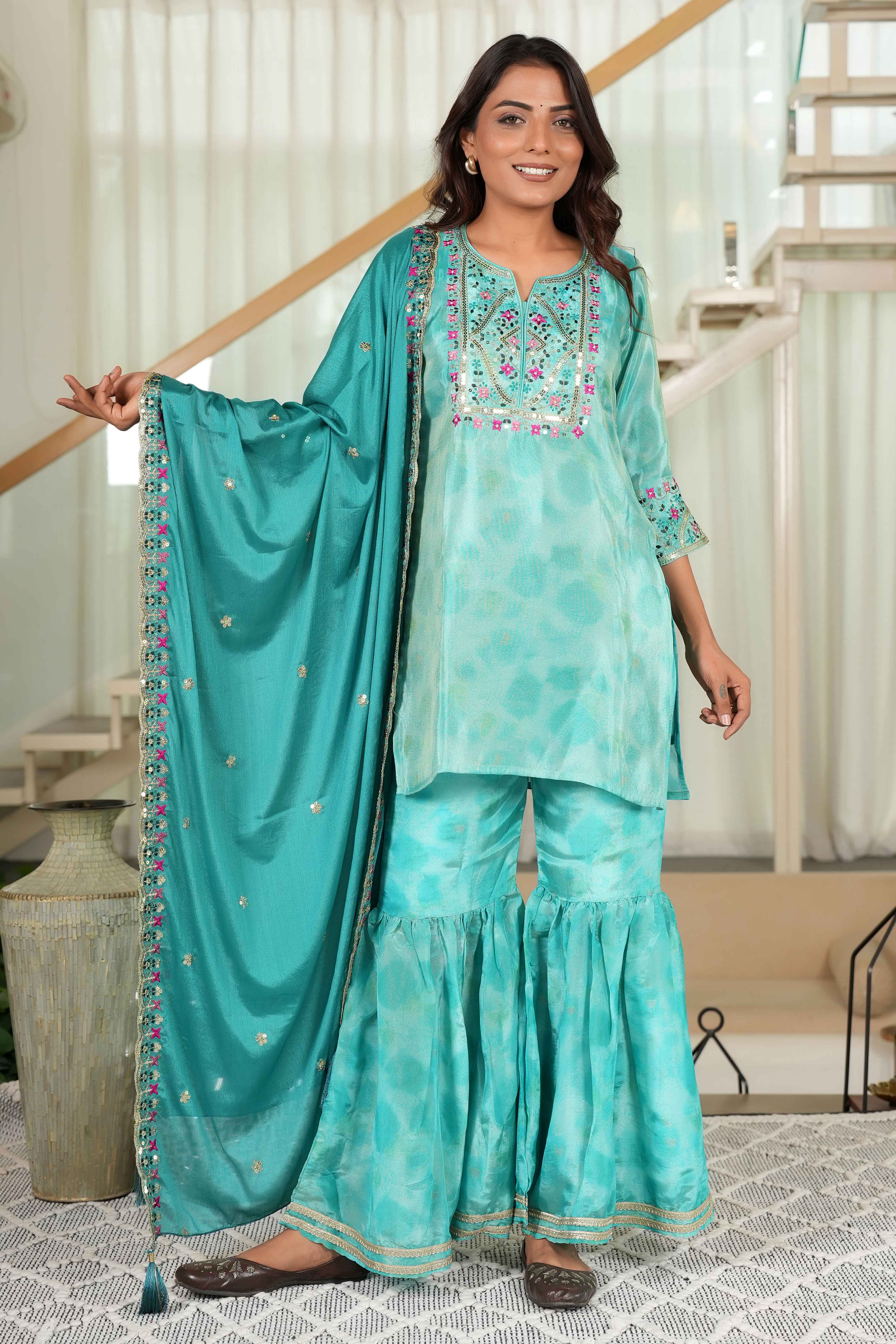 Turquoise Embroidered Organza Sharara Set with Delicate Floral Sequins