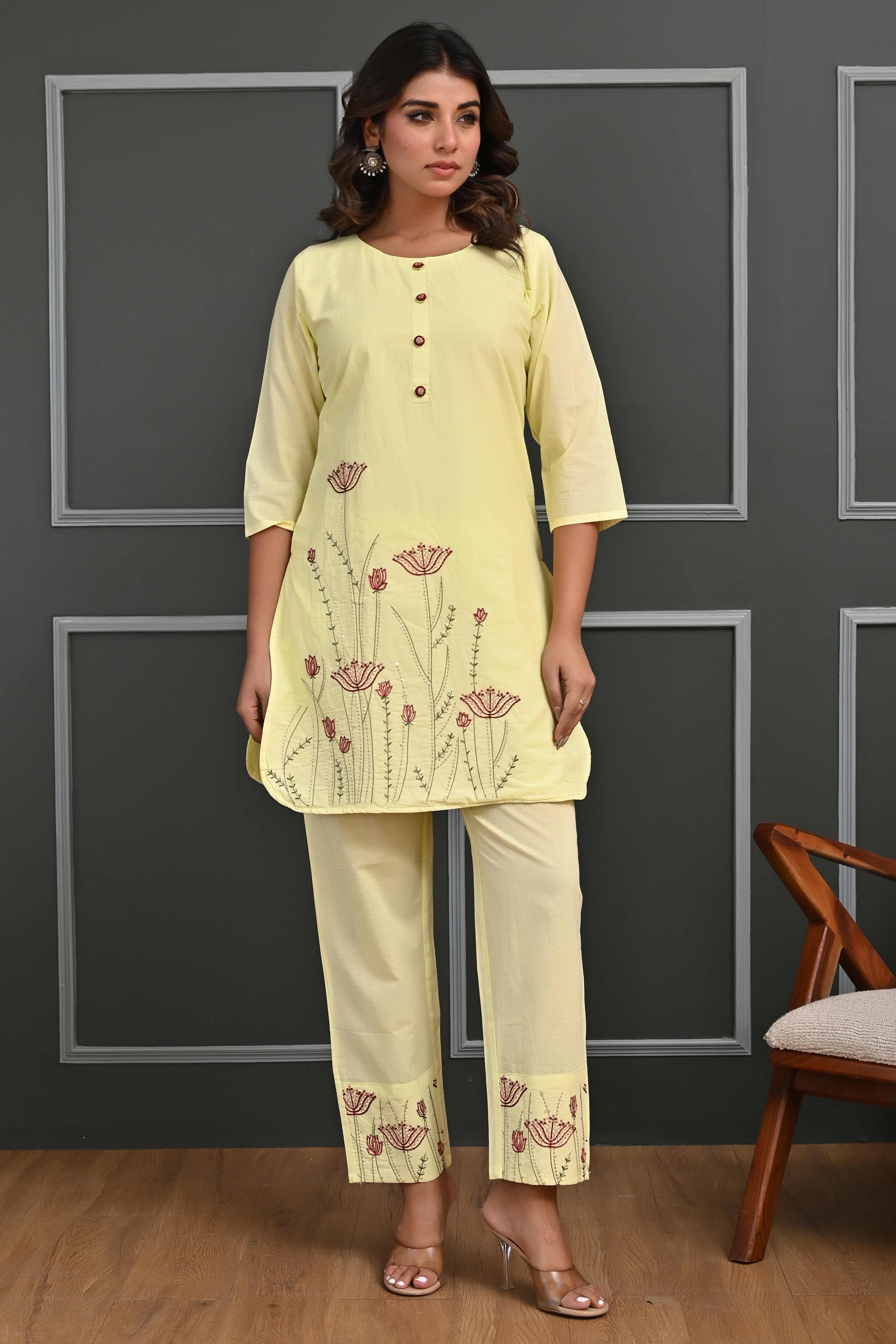 Radiant Yellow Floral Embroidered Co-Ord Set in Breathable Cotton for Stylish Comfort
