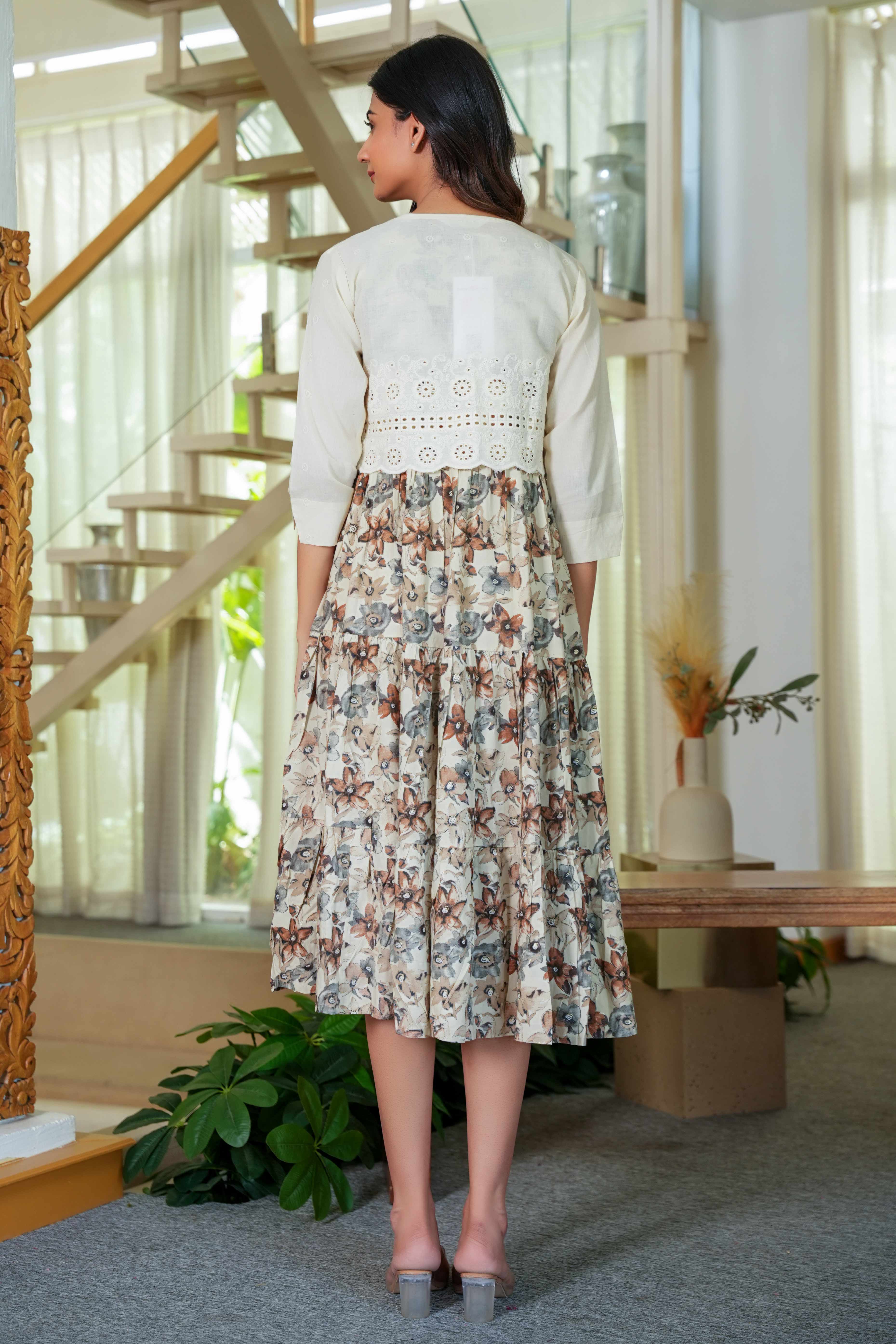 Chikoo Floral Pure Cotton Midi Kurti Dress with Complementing Overlay Jacket