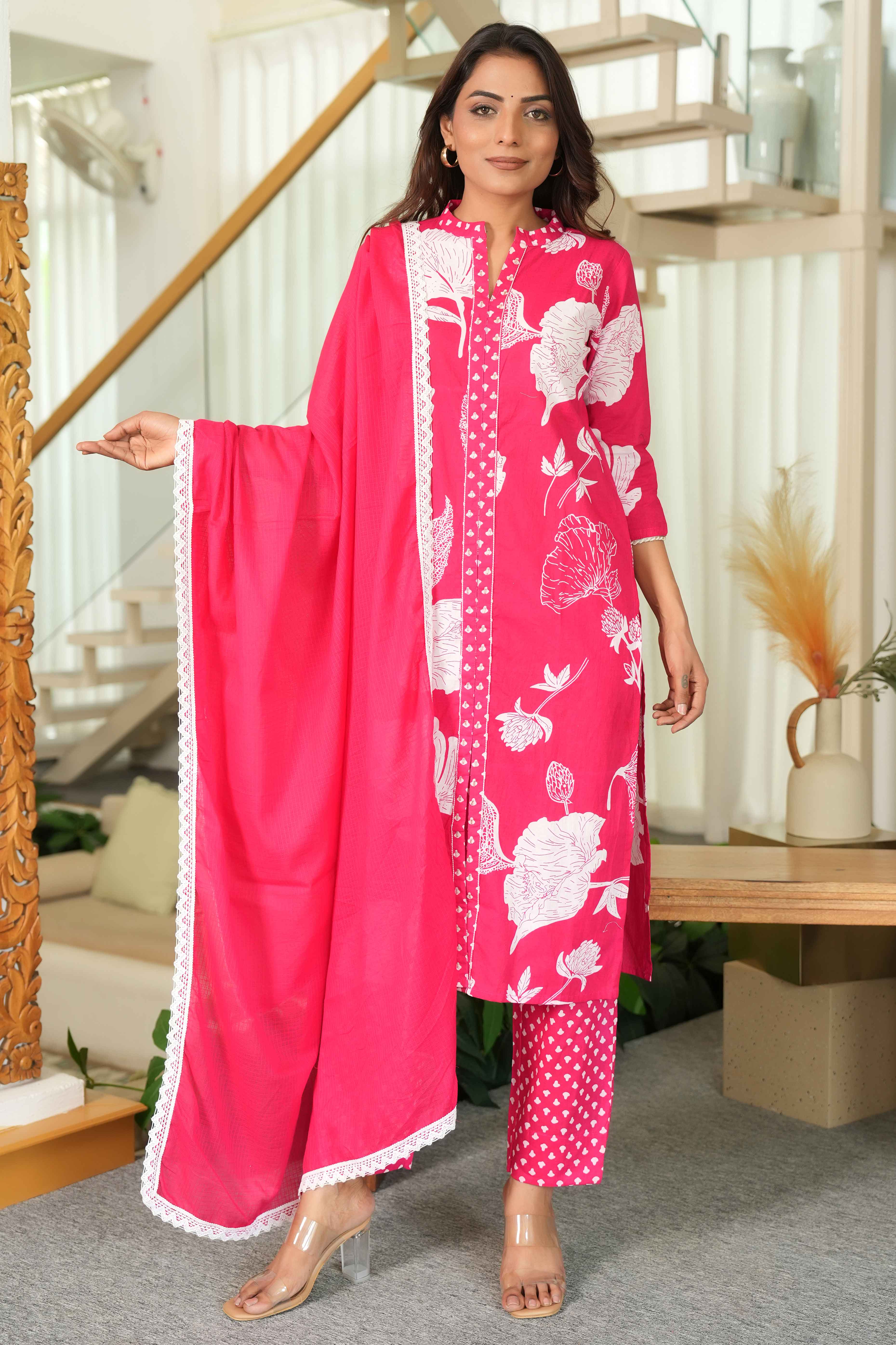 Rani Pink Pure Cotton Suit with Artistic Floral Prints With Modern Front Slit Look