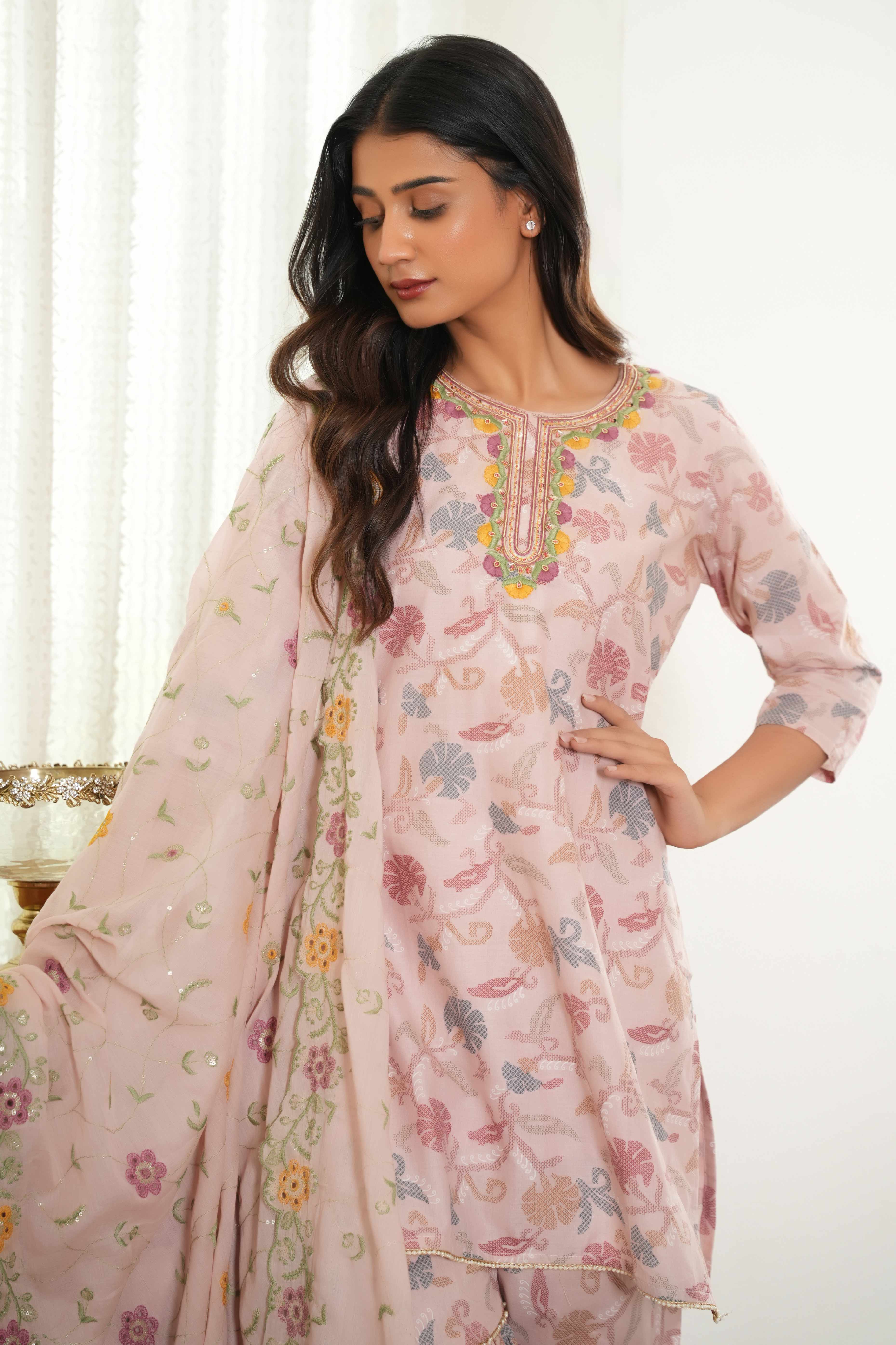 Elegant Baby Pink Floral Printed Pure Cotton Sharara Suit for Festive Charm