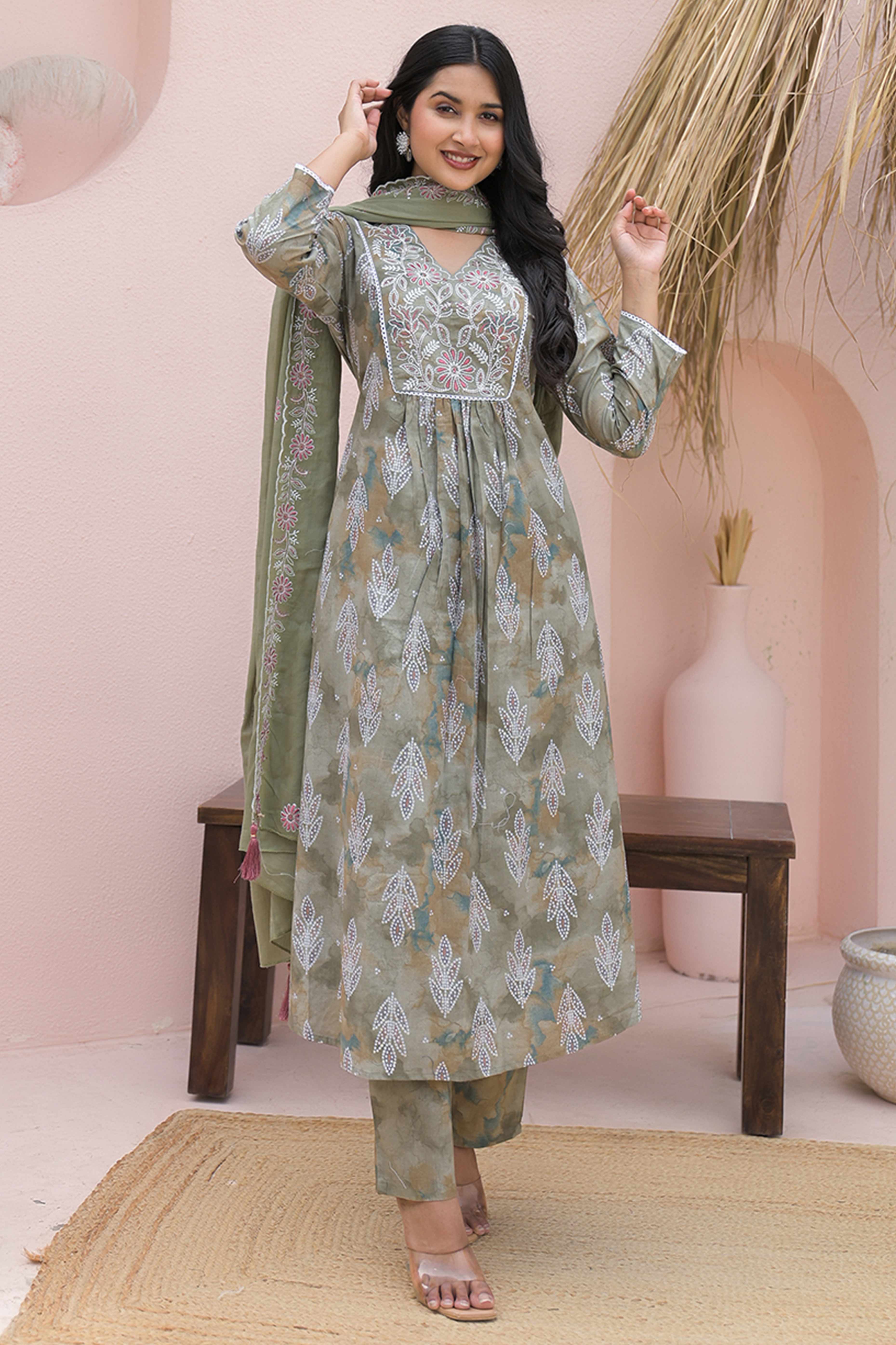 Olive Printed and Embroidered Pure Cotton Salwar Suit in Flattering A-Line Cut