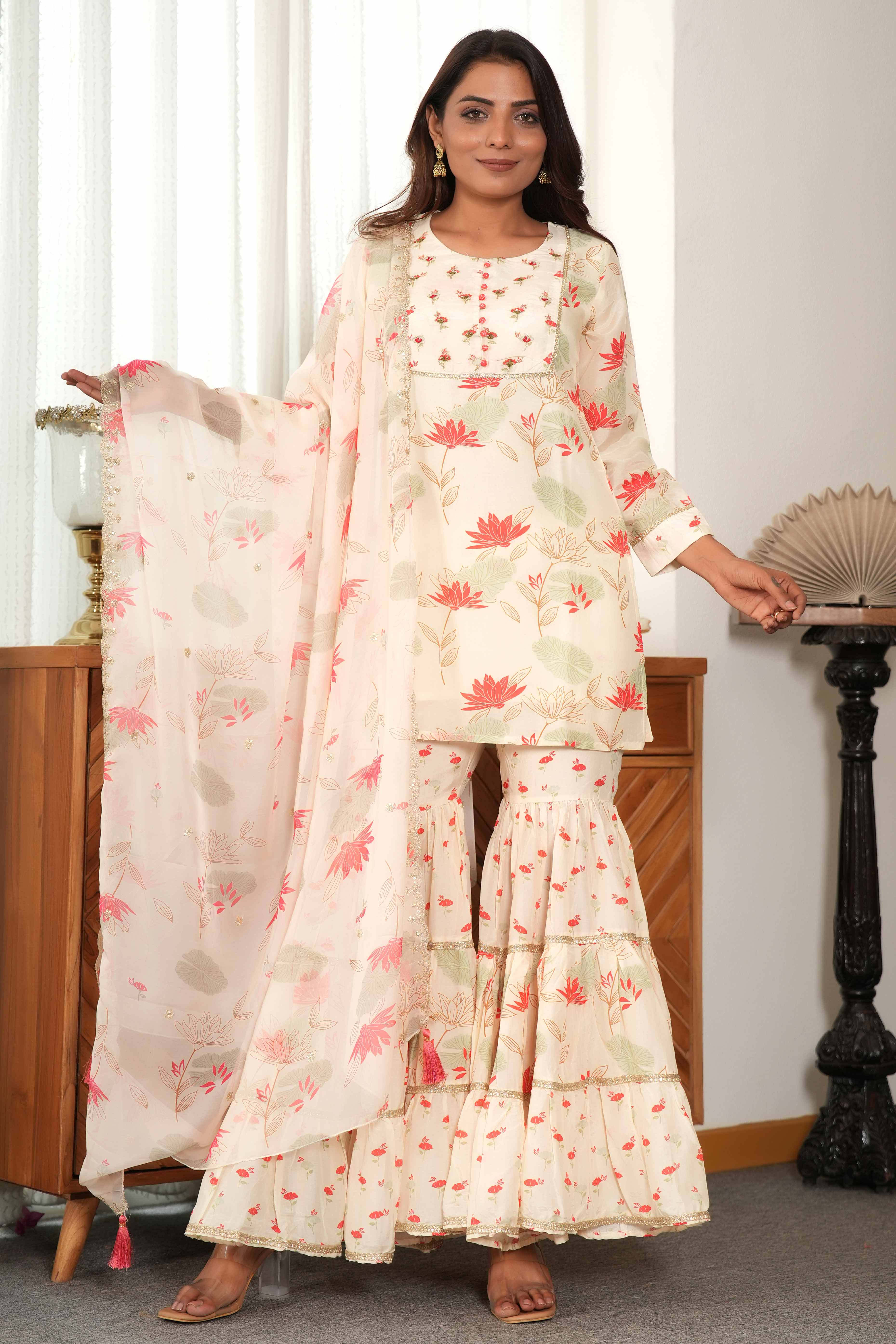 Cream Blossom Printed Florals with Flowy Muslin Sharara Bottom Set